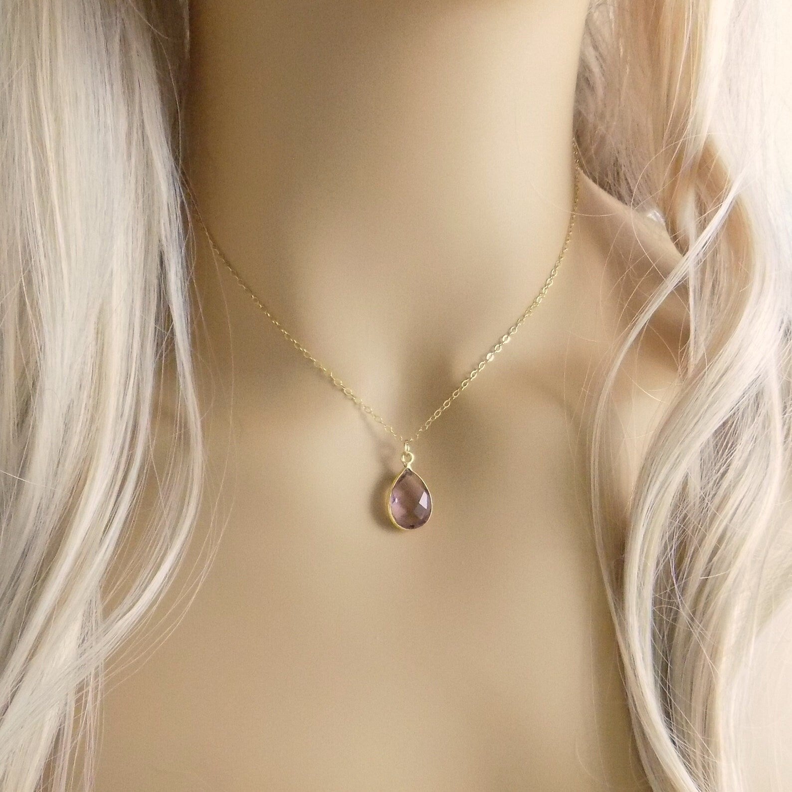 Gift For Mom, Morganite Necklace Gold, Personalized Blush Pink Purple Crystal Pendant, M2-20