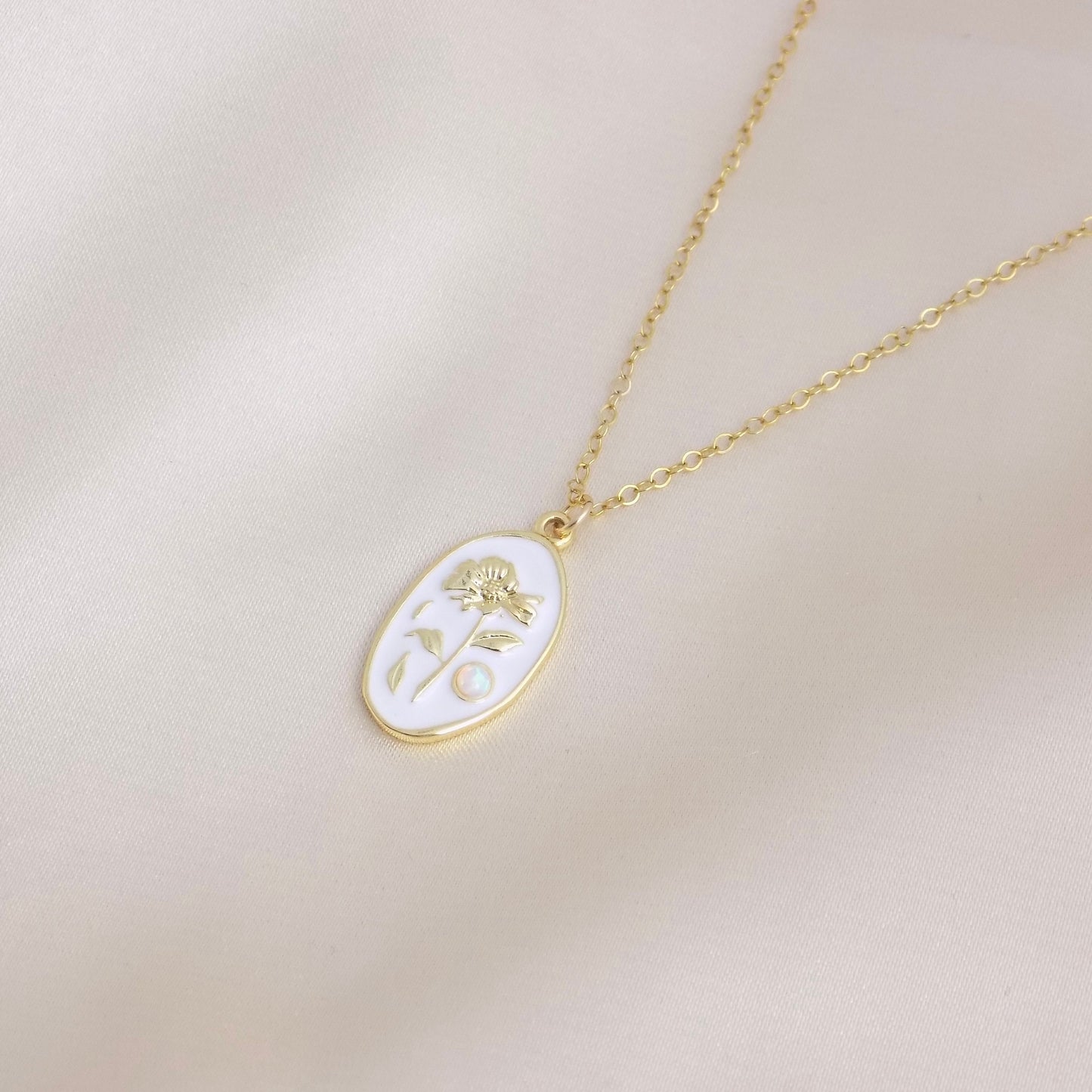 White Enamel Flower Necklace Opal Gold, Small Tag Necklace, Dainty Flower Charm Necklace, Trendy Necklace Gift For Her, M6-138