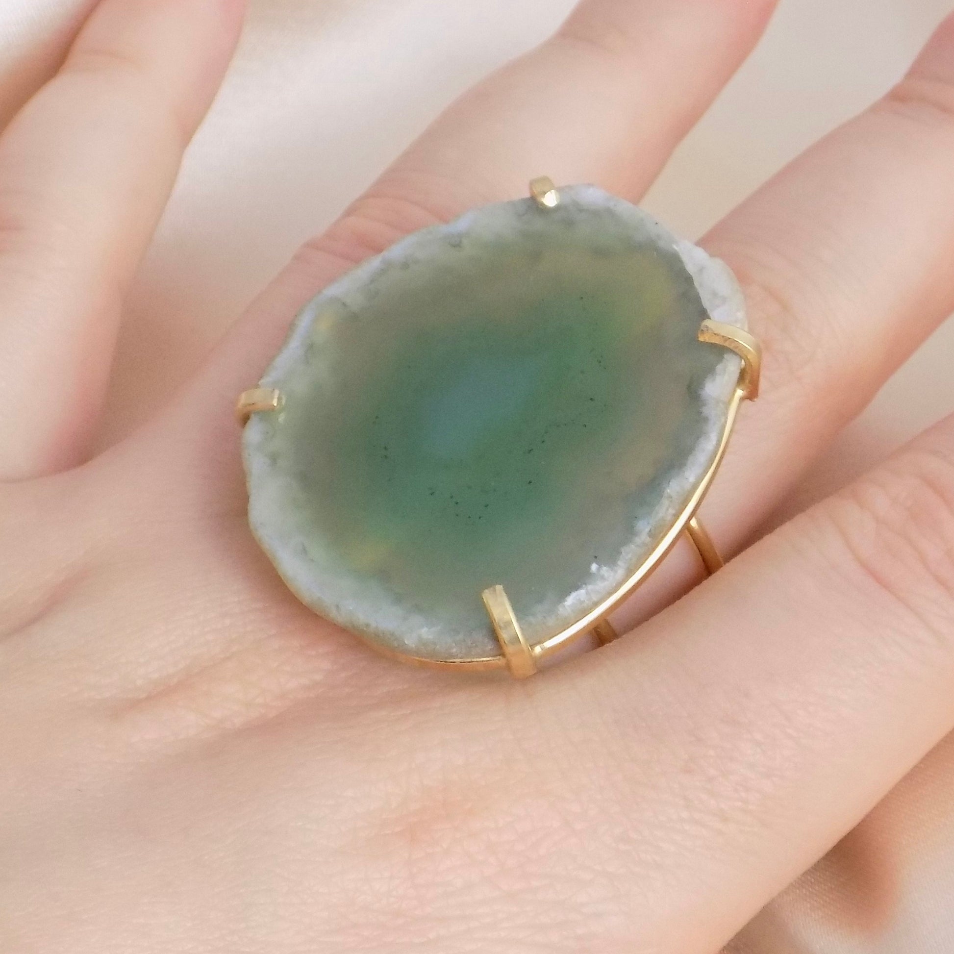 Natural Agate Ring Gold Adjustable - Green Boho Geode Ring