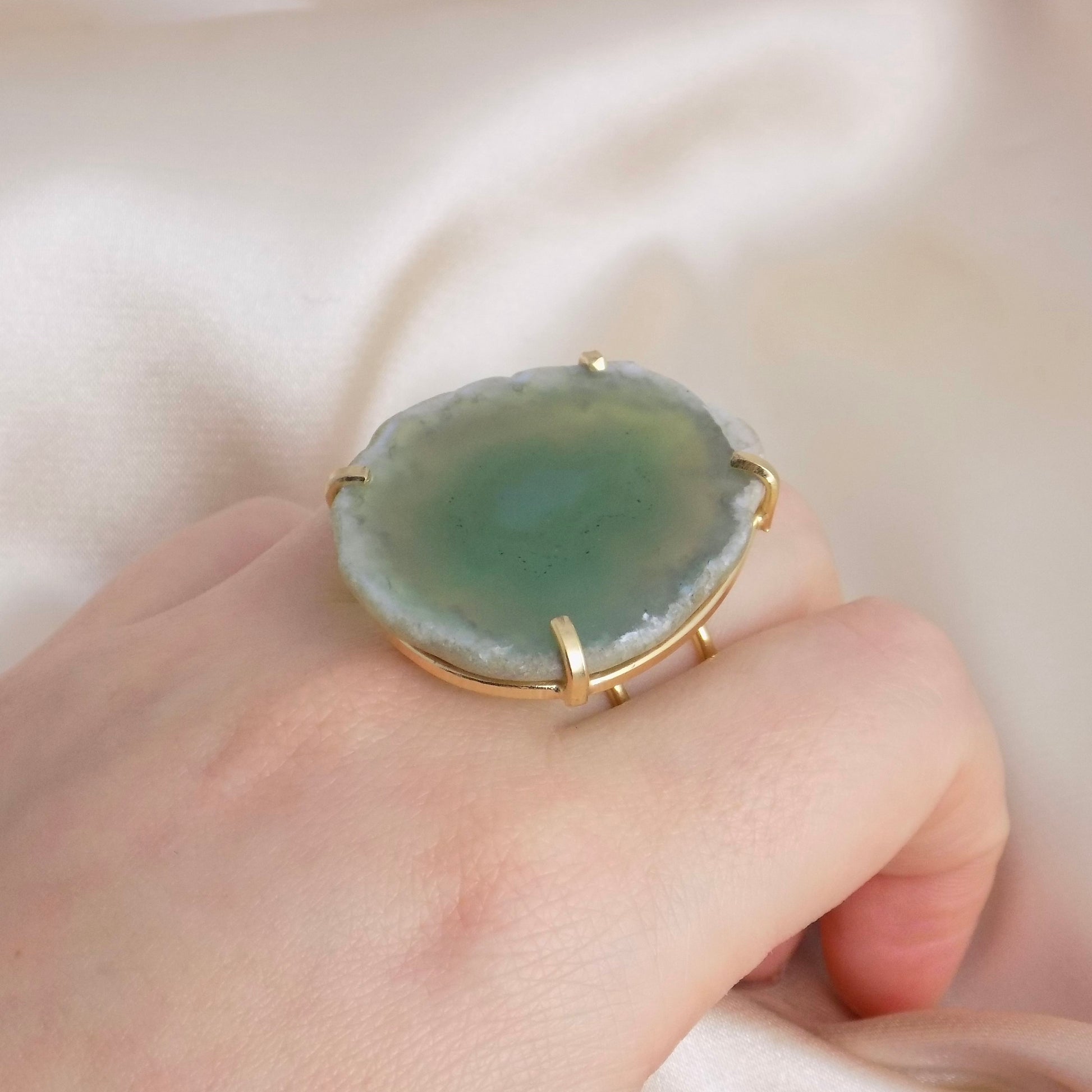 Natural Agate Ring Gold Adjustable - Green Boho Geode Ring