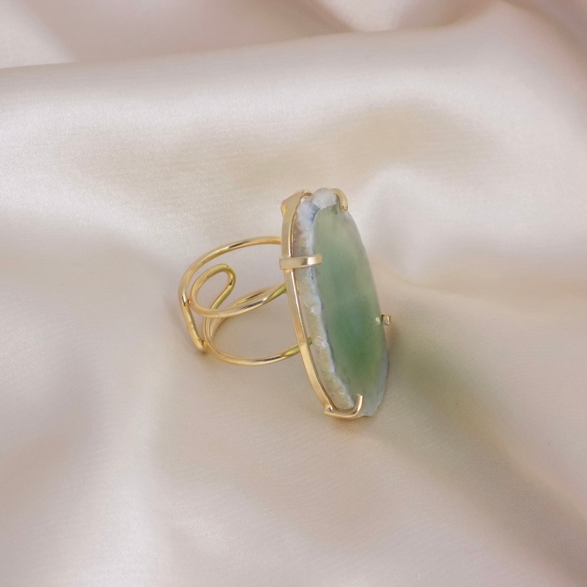 Natural Agate Ring Gold Adjustable - Green Boho Geode Ring