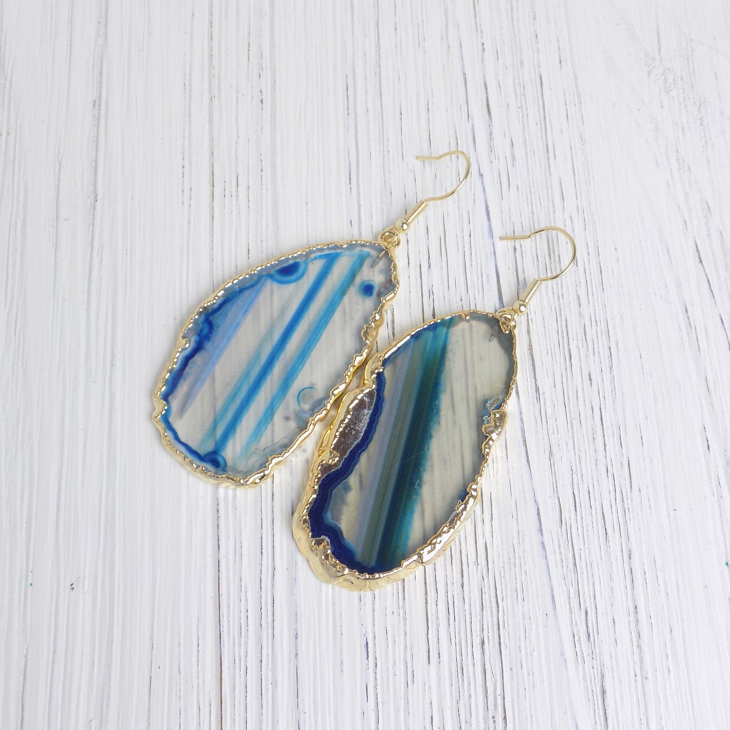Large Statement Blue Agate Slice Dangle Earrings Gold Plated, Christmas Gift Women, G14-106