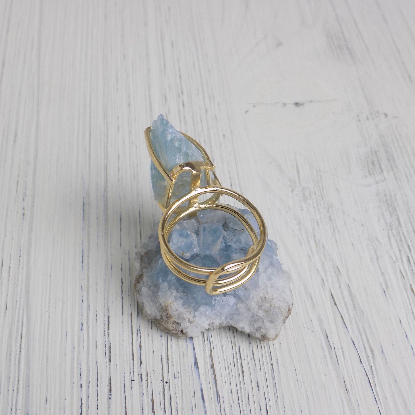 March Birthstone Raw Aquamarine Gemstone Ring Gold Adjustable, Light Blue Crystal Ring Raw, Birthday Gifts For Her, G14-74
