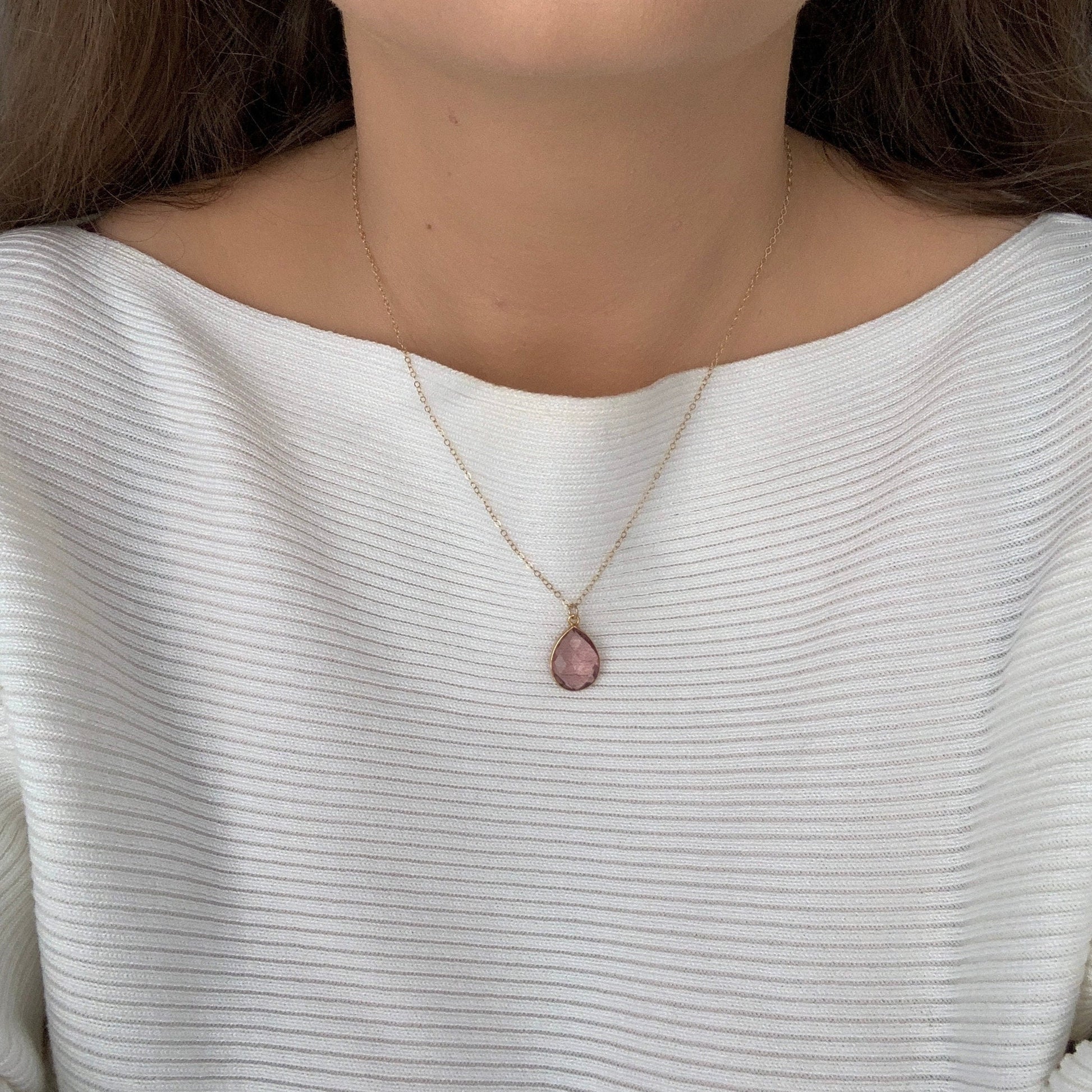 Natural Morganite Gemstone Necklace With Custom Stamped Initial on 14K Gold Filled Chain, M4-61