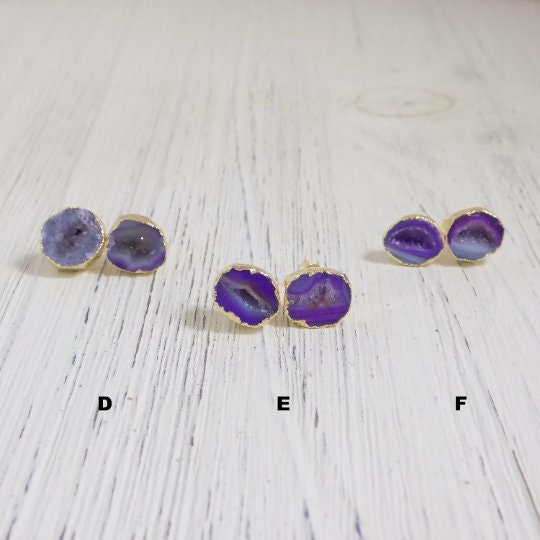 Christmas Gifts For Her - Purple Geode Earrings Studs Gold