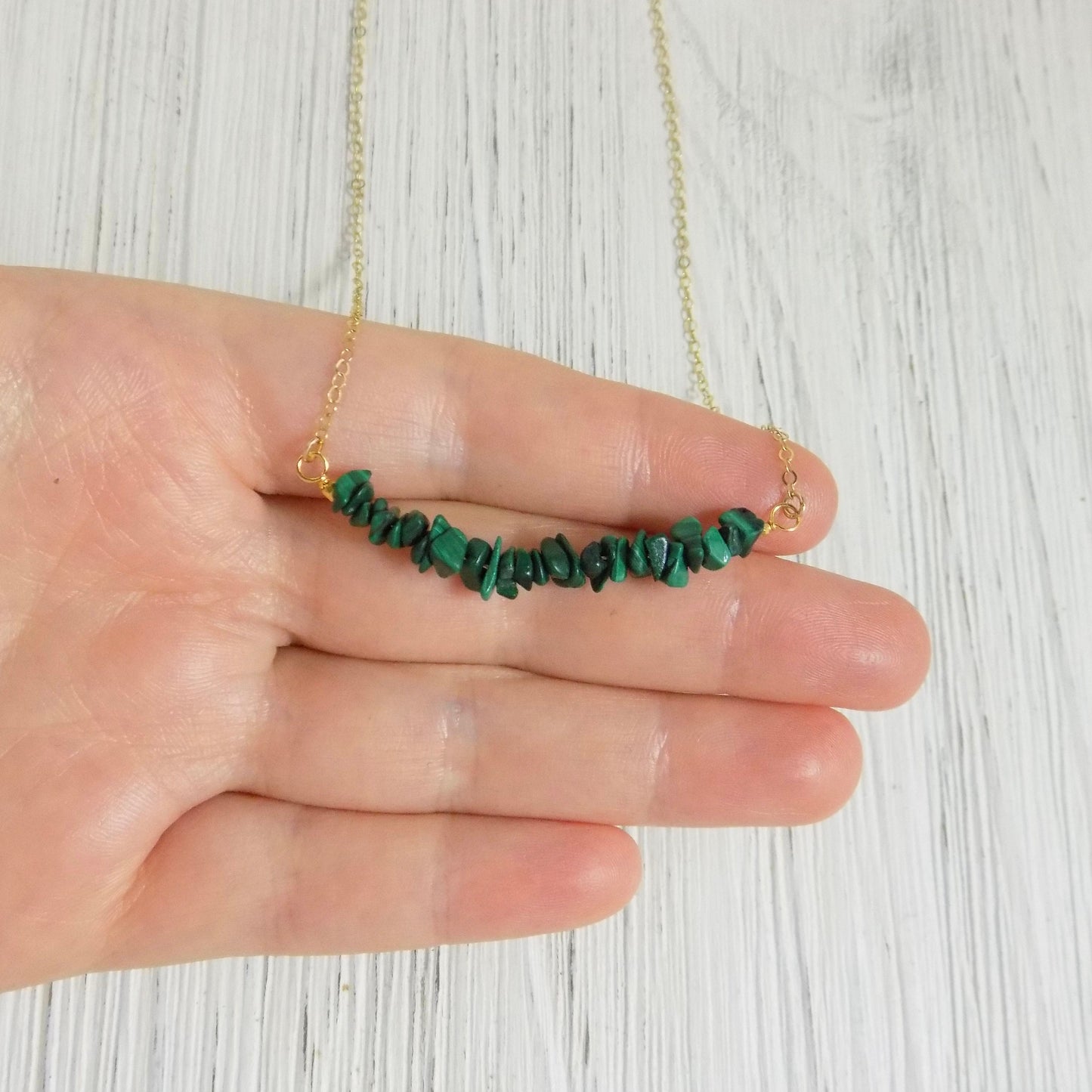 Green Malachite Gemstone Bar Necklace on 14K Gold Filled Chain, M5-332