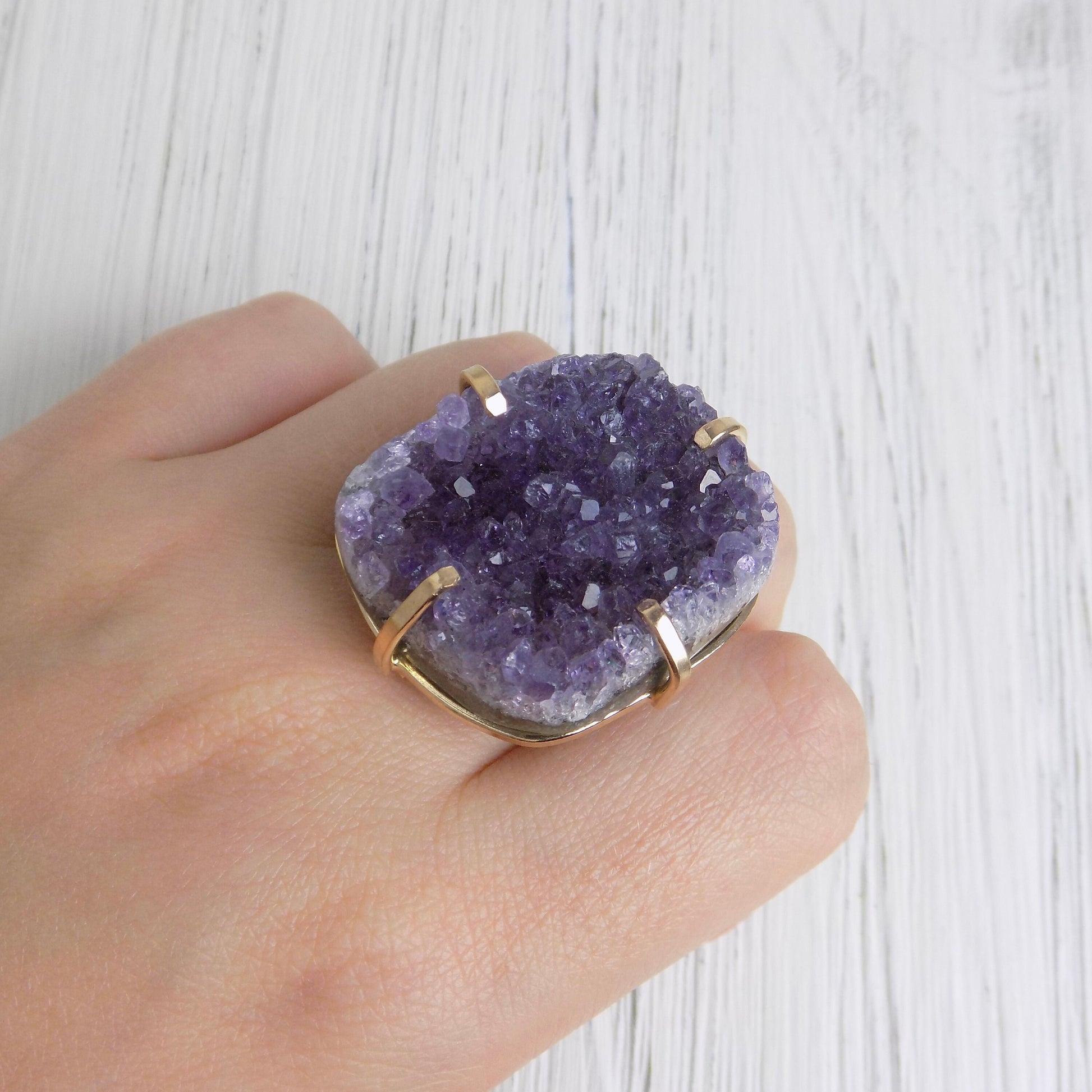 Large Raw Amethyst Druzy Ring Gold Adjustable, Purple Crystal Statement Rings For Women, G14-207