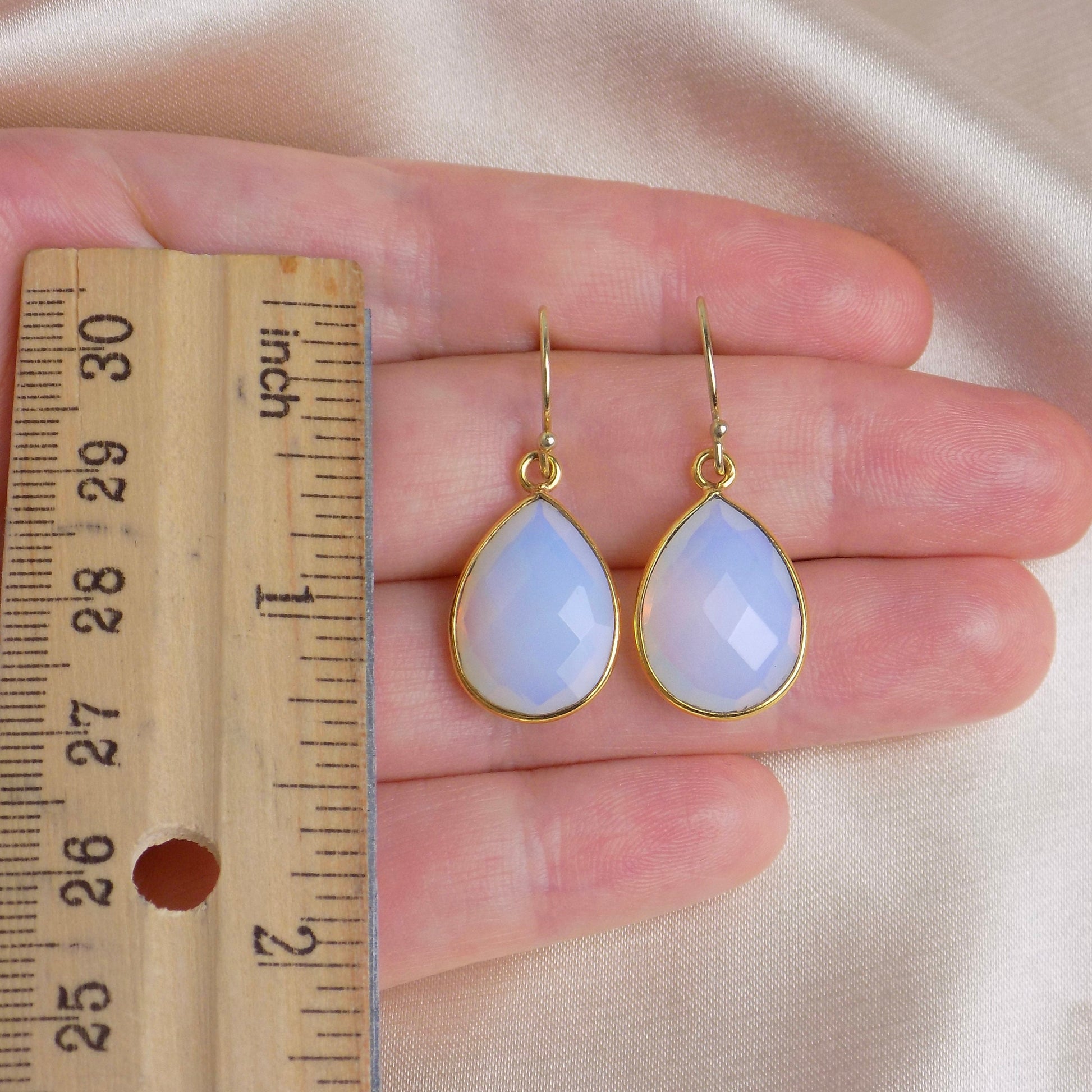 Teardrop Opalite Earrings Gold, Opal Gemstone Drop Earring, Light Blue White Crystal, October Birthstone Gift For Mom, M6-614