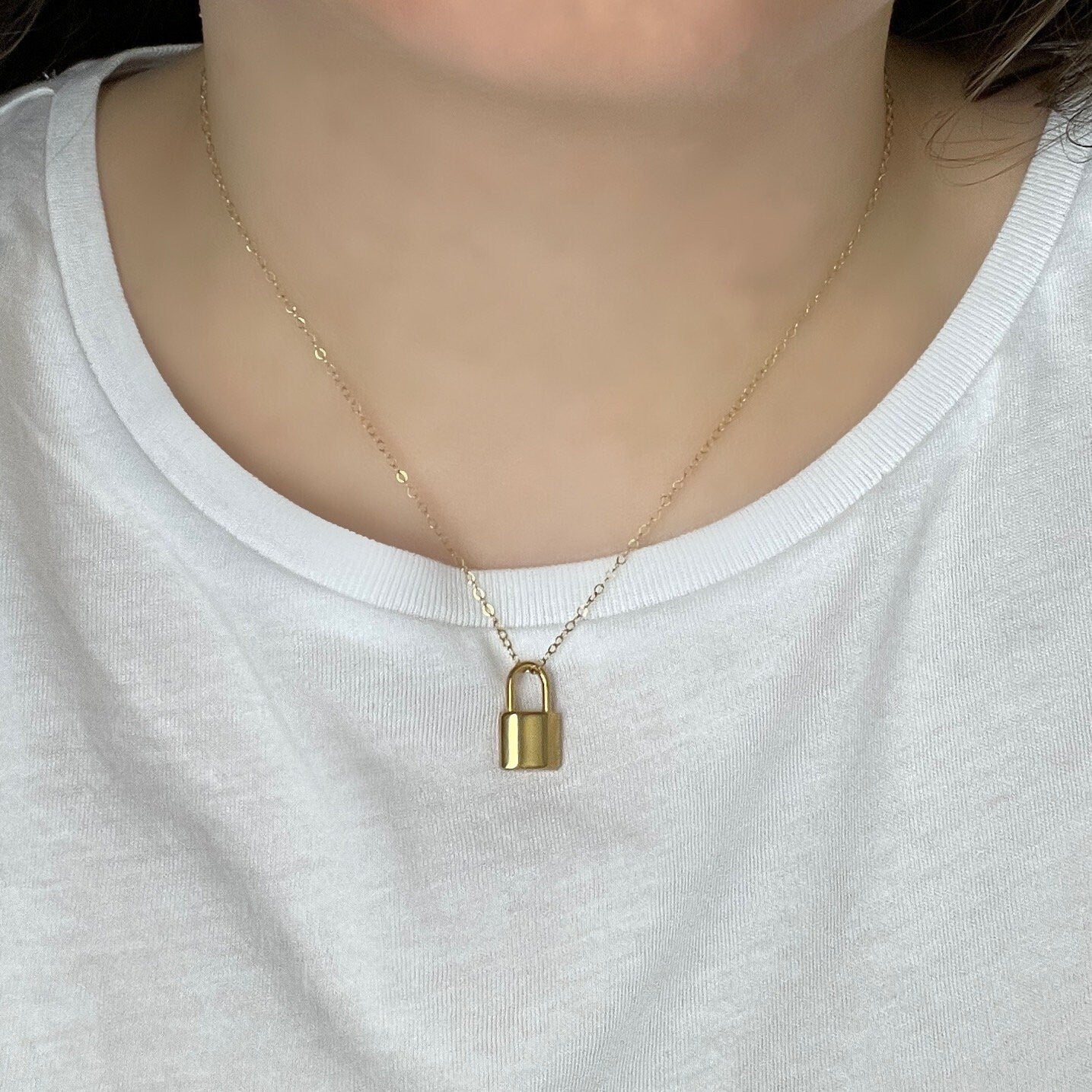 Gold Lock Charm Necklace For Layering, Trendy Modern Layers, Gifts For Her, M6-134