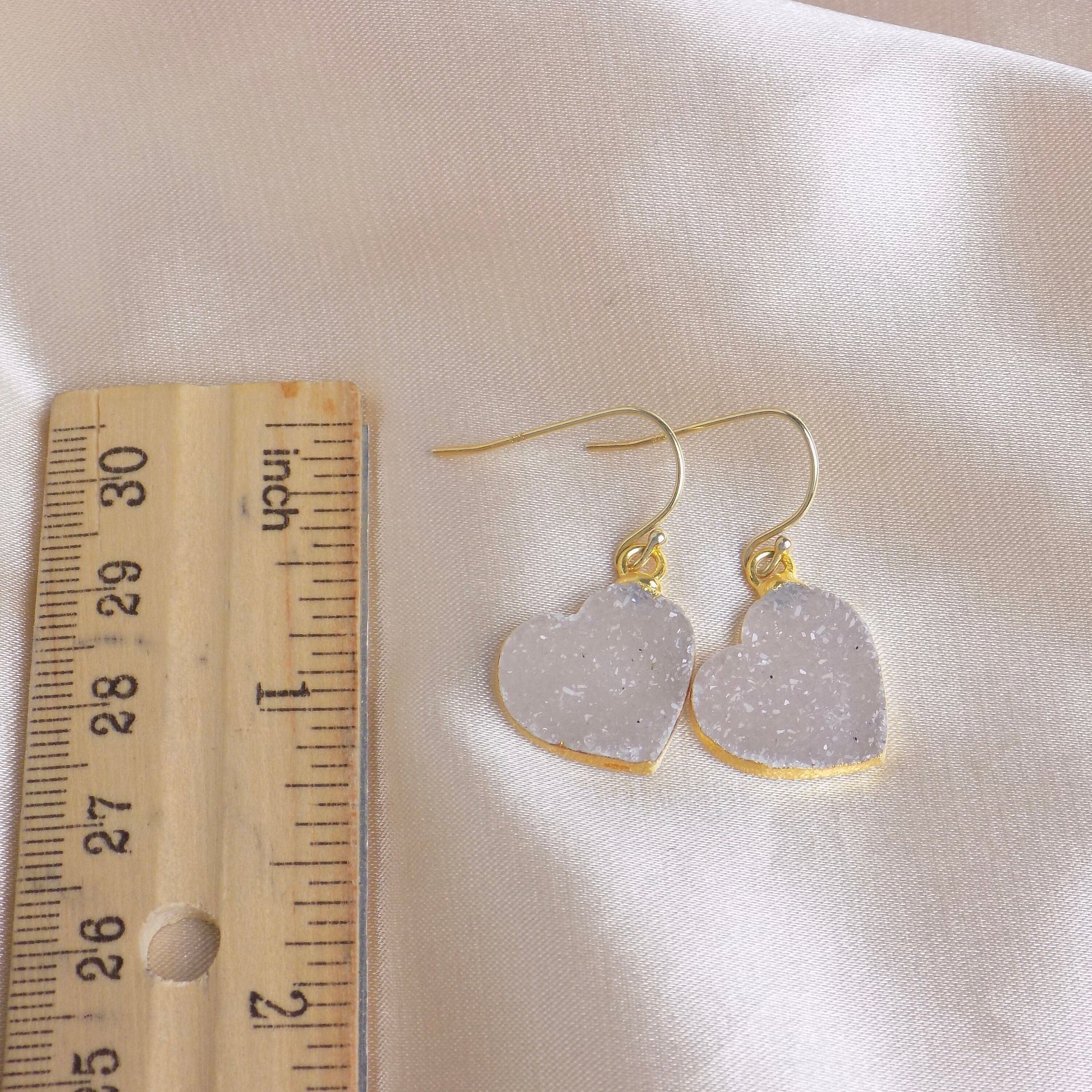 Small Heart Druzy Natural Gemstone Drop Earrings Gold, Sparkly Crystal, Gift For Women, M6-619