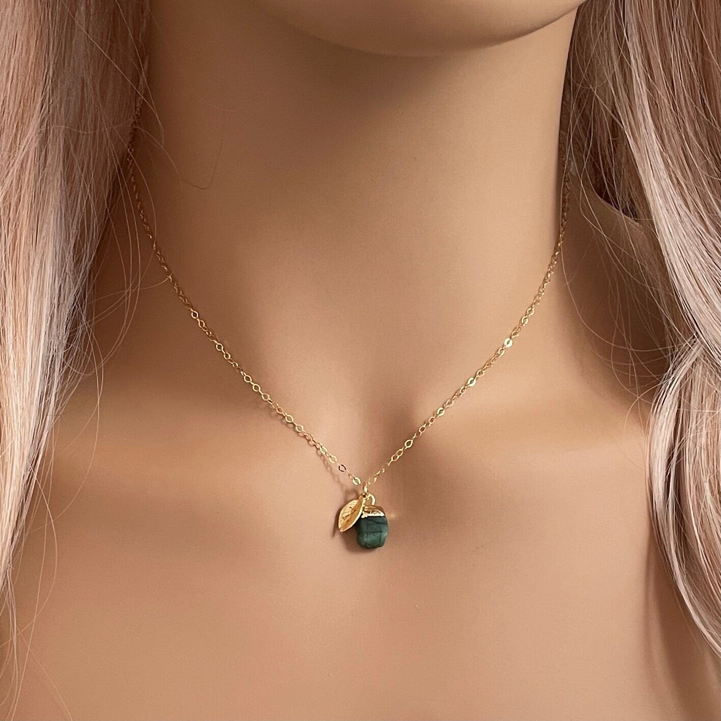 Tiny Raw Emerald Necklace, Personalized Green Emerald Gold, Gift For Her, M6-76