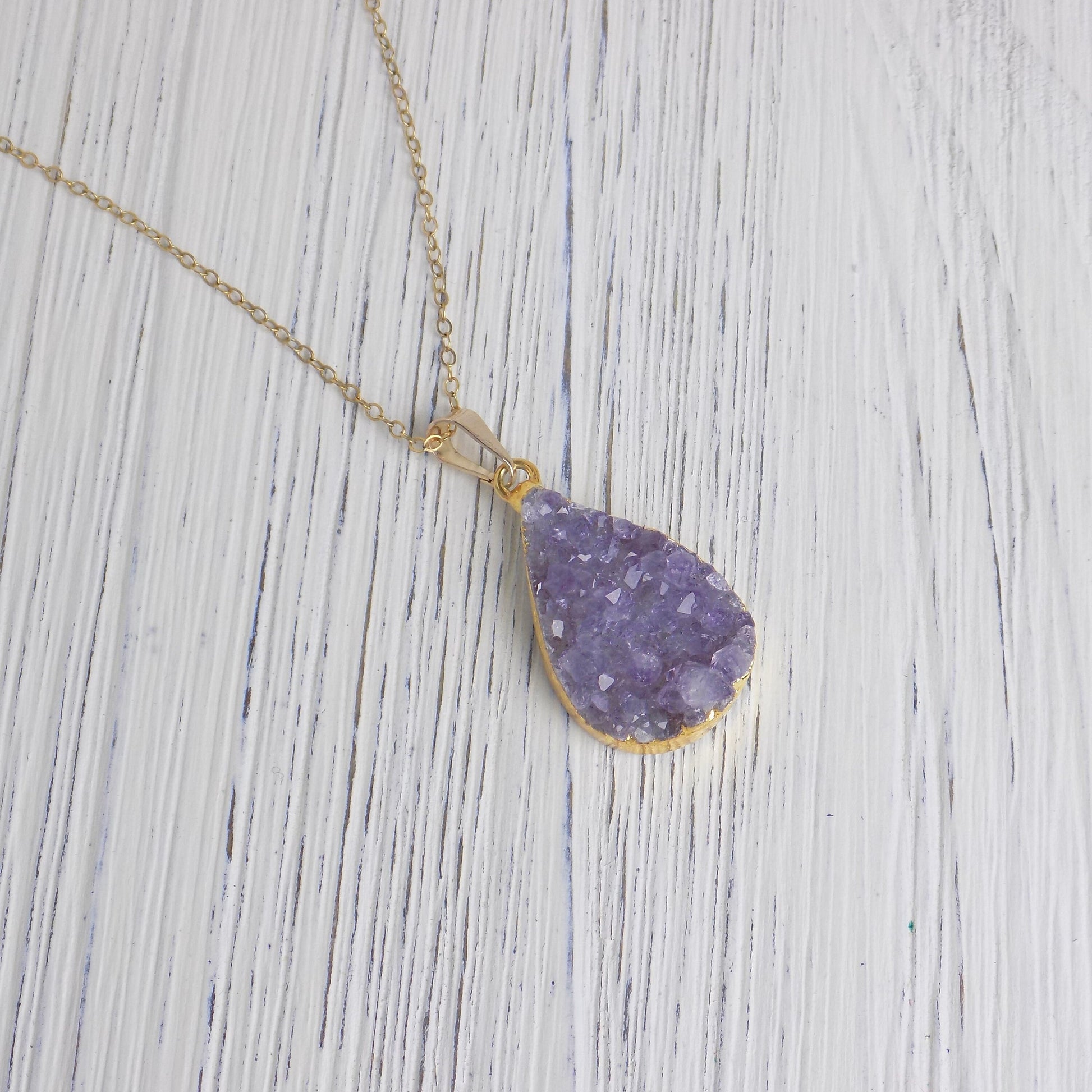 Raw Amethyst Necklace, Teardrop Druzy Pendant, 14K Gold Filled Chain, Custom Christmas Gift Women, R14-13