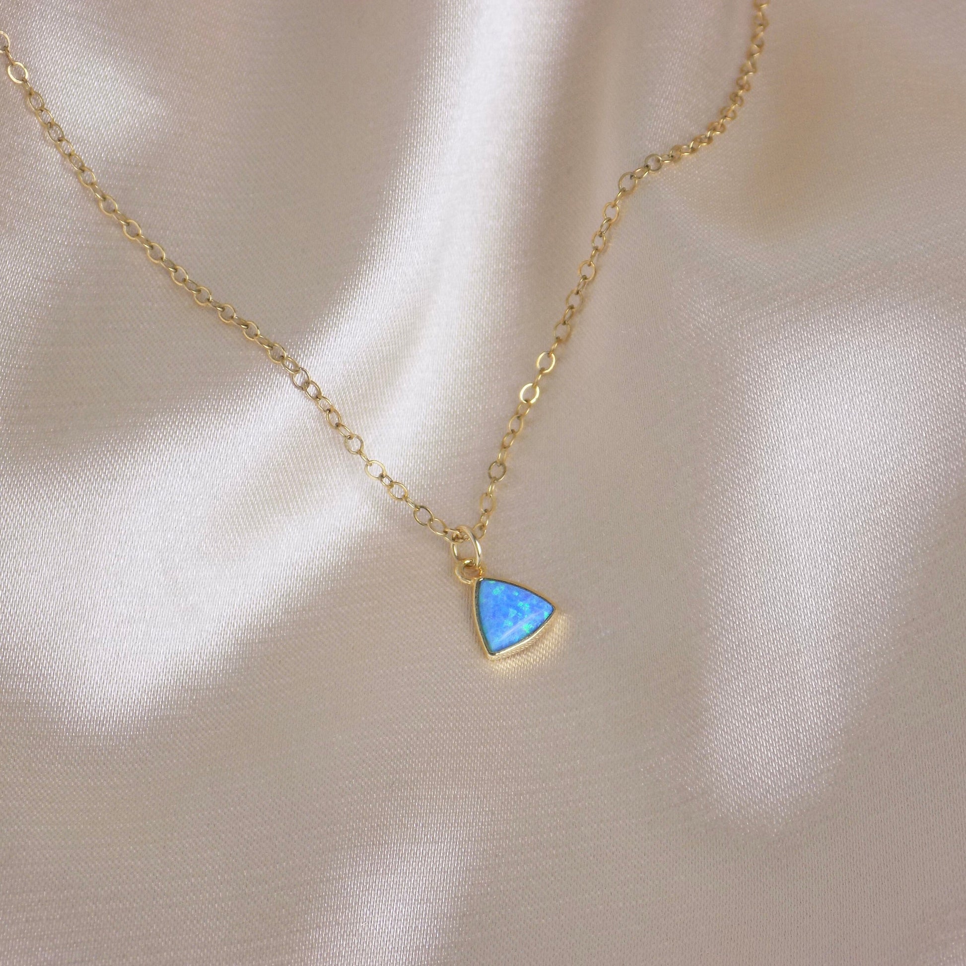 Tiny Opal Necklace Gold, Triangle Opal Necklace, Blue Opal Charm For Layering, 14K Gold Fill Chain, October Birthday Gift, M6-616