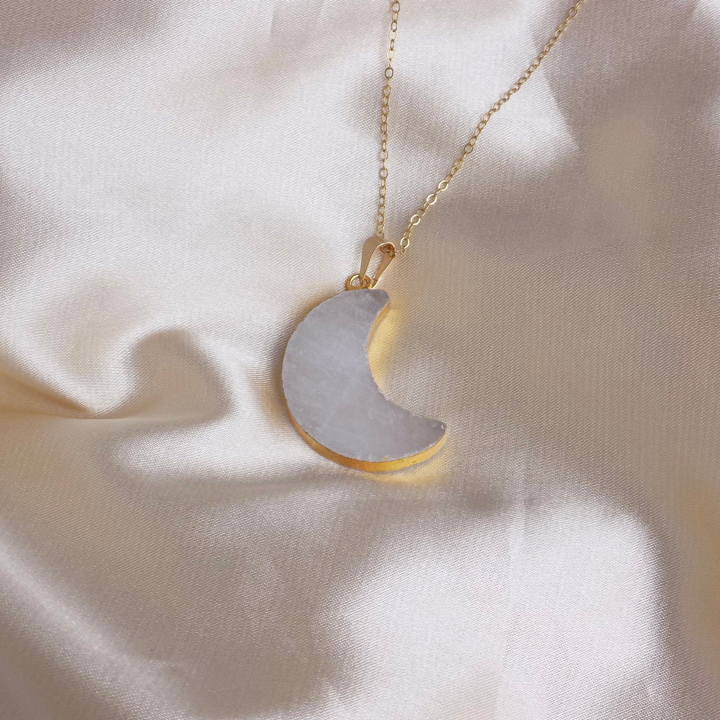 Crescent Moon Crystal Necklace Gold, White Quartz Pendant, Large Moon Charm, Boho Christmas Gifts For Her, R14-14