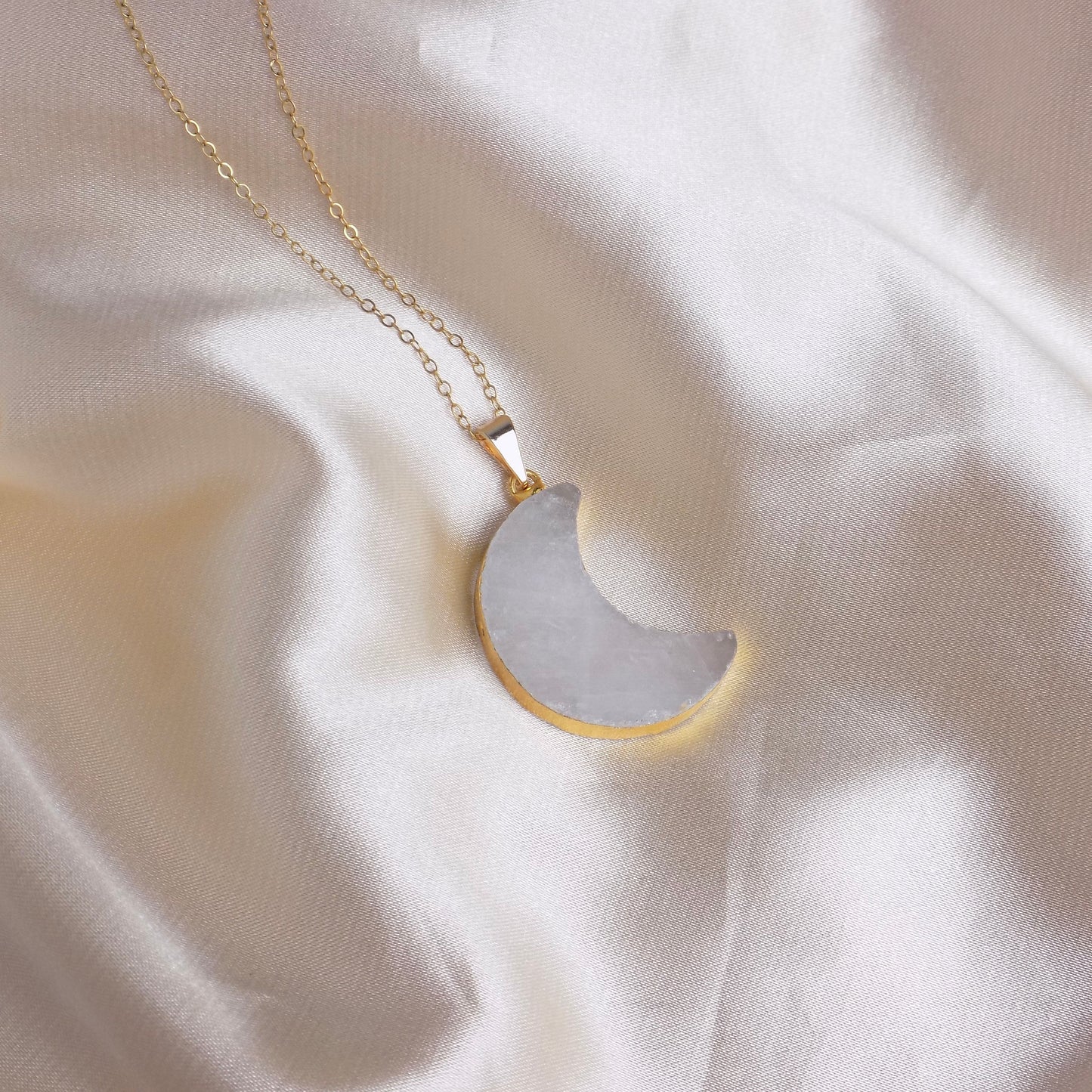 Crescent Moon Crystal Necklace Gold, White Quartz Pendant, Large Moon Charm, Boho Christmas Gifts For Her, R14-14