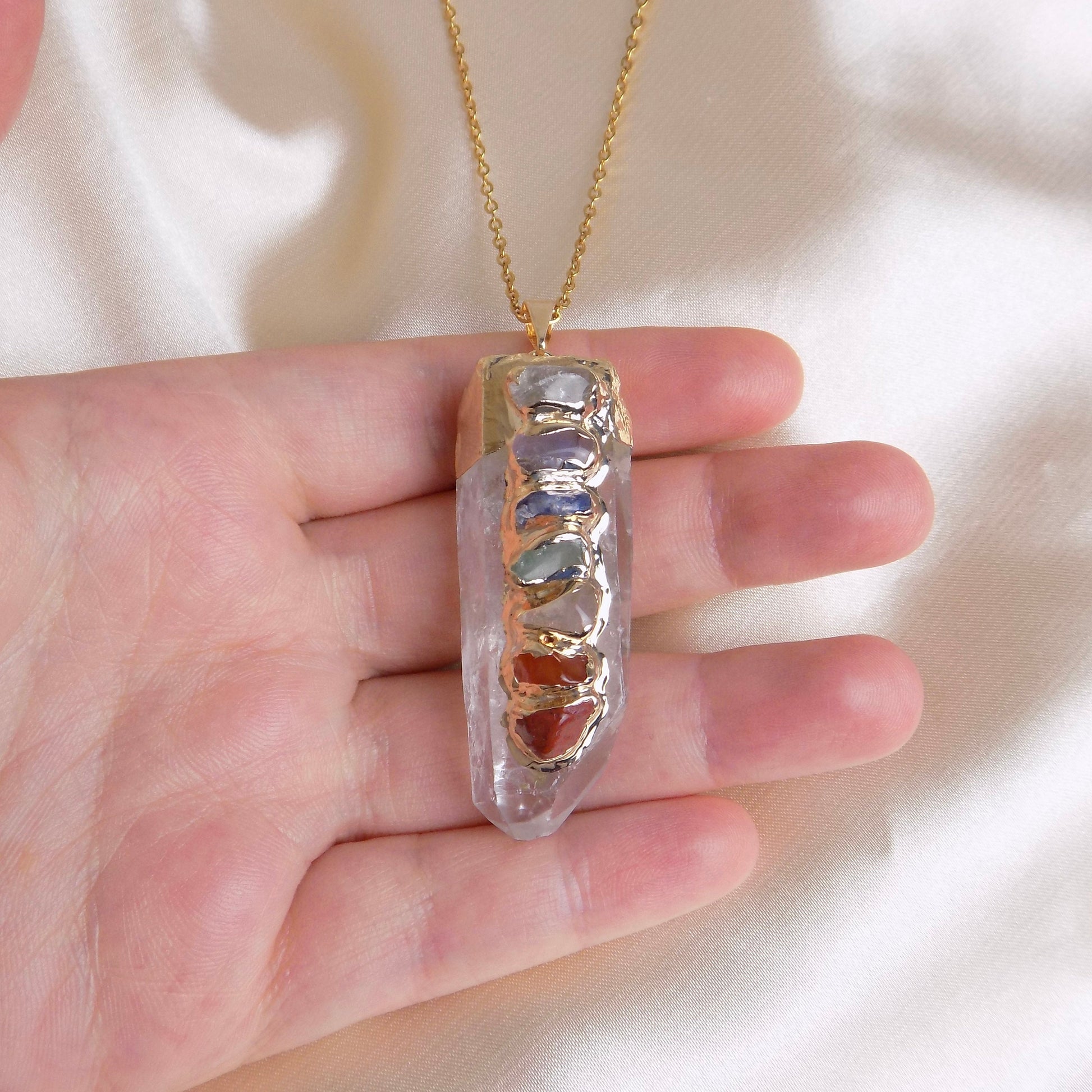 Large Chakra Necklace Gold, 7 Chakra Clear Crystal Pendant, Yoga Reiki Jewelry, Boho Necklaces For Women, Christmas Gift, G14-269