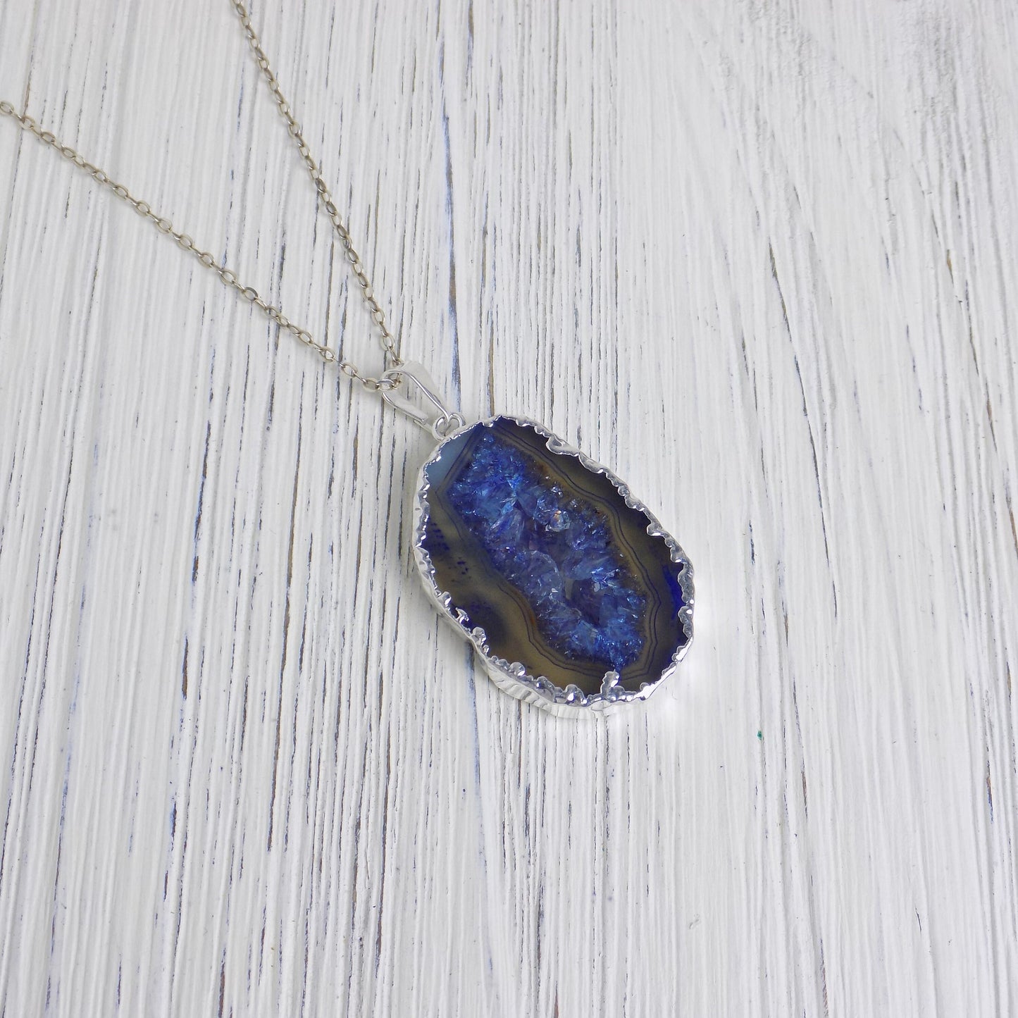 Small Geode Necklace Blue, Raw Stone Necklace Druzy, Boho Crystal Pendants Silver Chain, Christmas Gift Women, G14-270