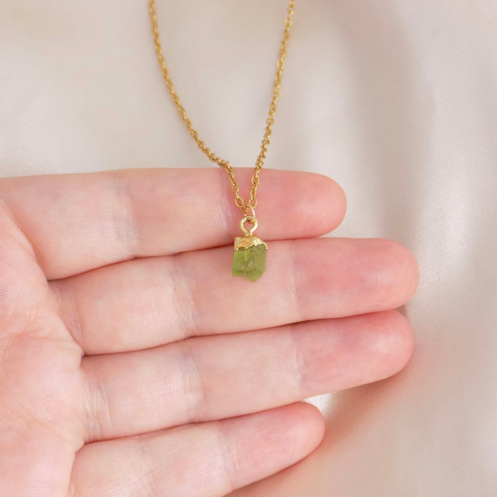 Small Raw Peridot Necklace 18K Gold Stainless Steel Chain