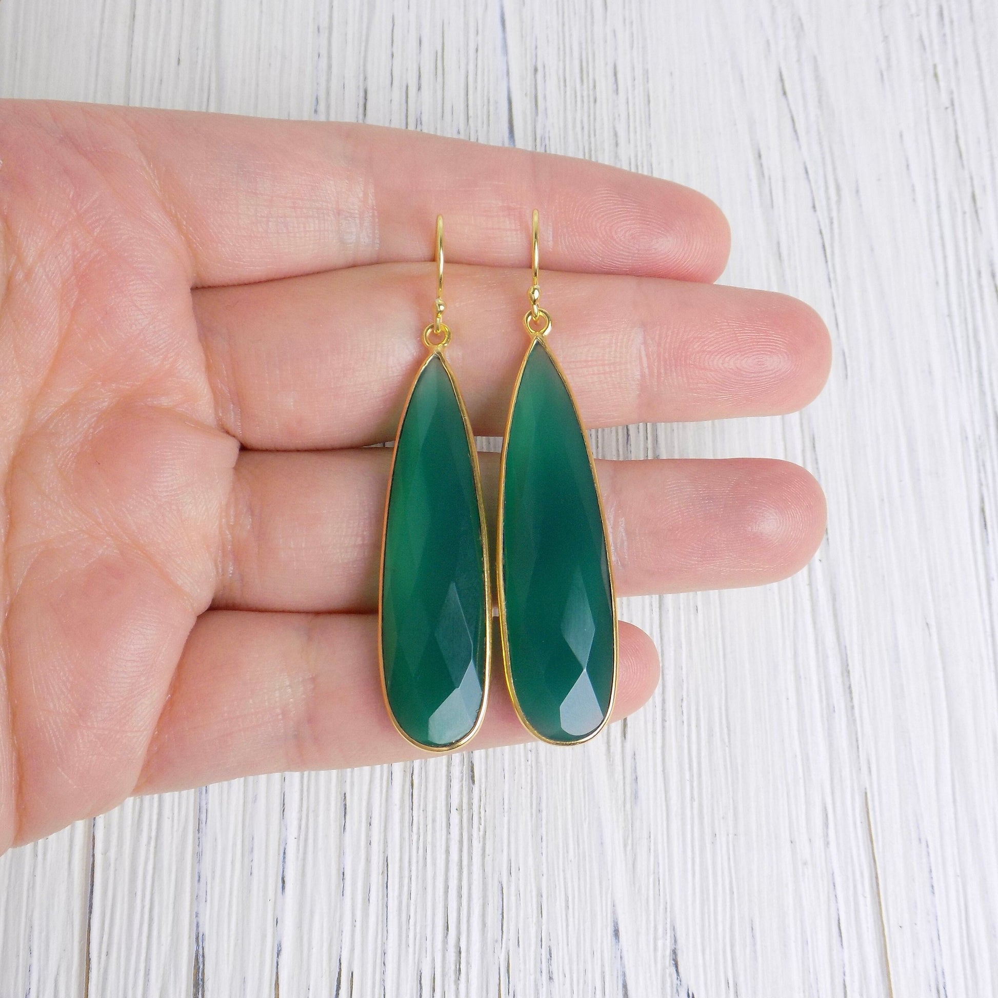 Large Green Onyx Drop Earrings in Gold, Natural Gemstone Statement