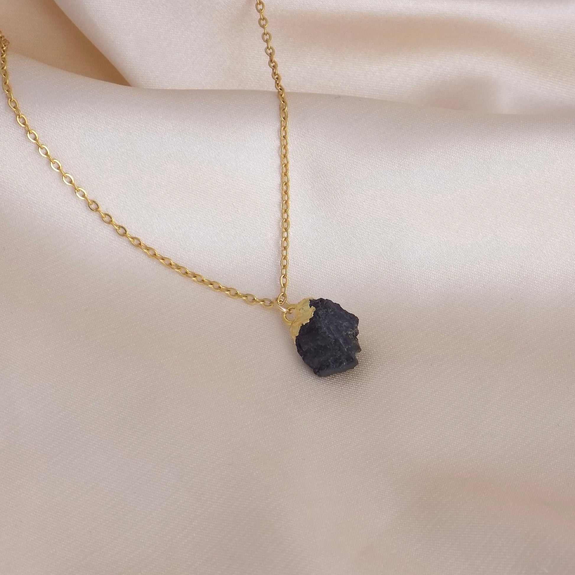Small Raw Black Tourmaline Necklace on 18K Gold Stainless Steel Chain, M6-714