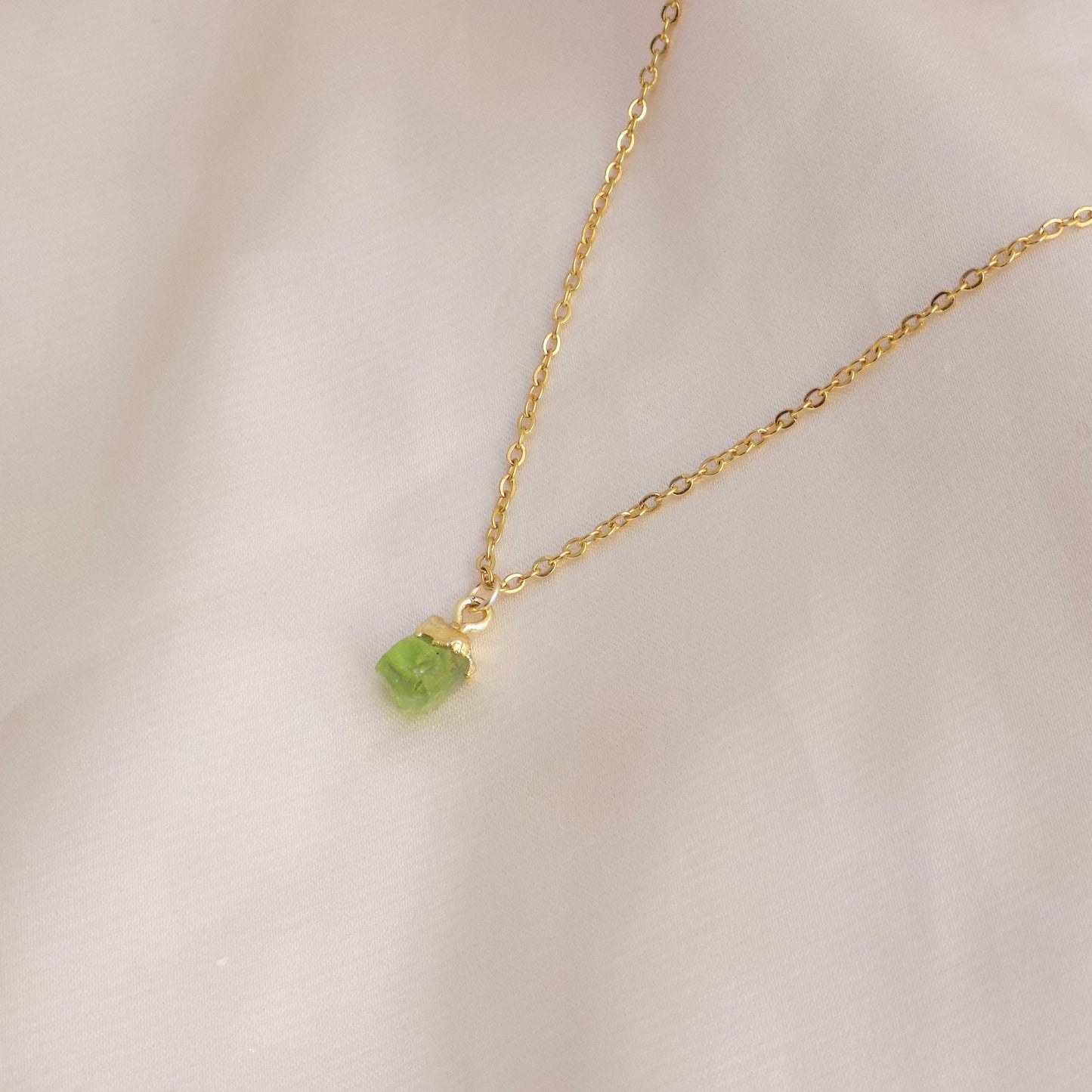 Small Raw Peridot Necklace 18K Gold Stainless Steel Chain