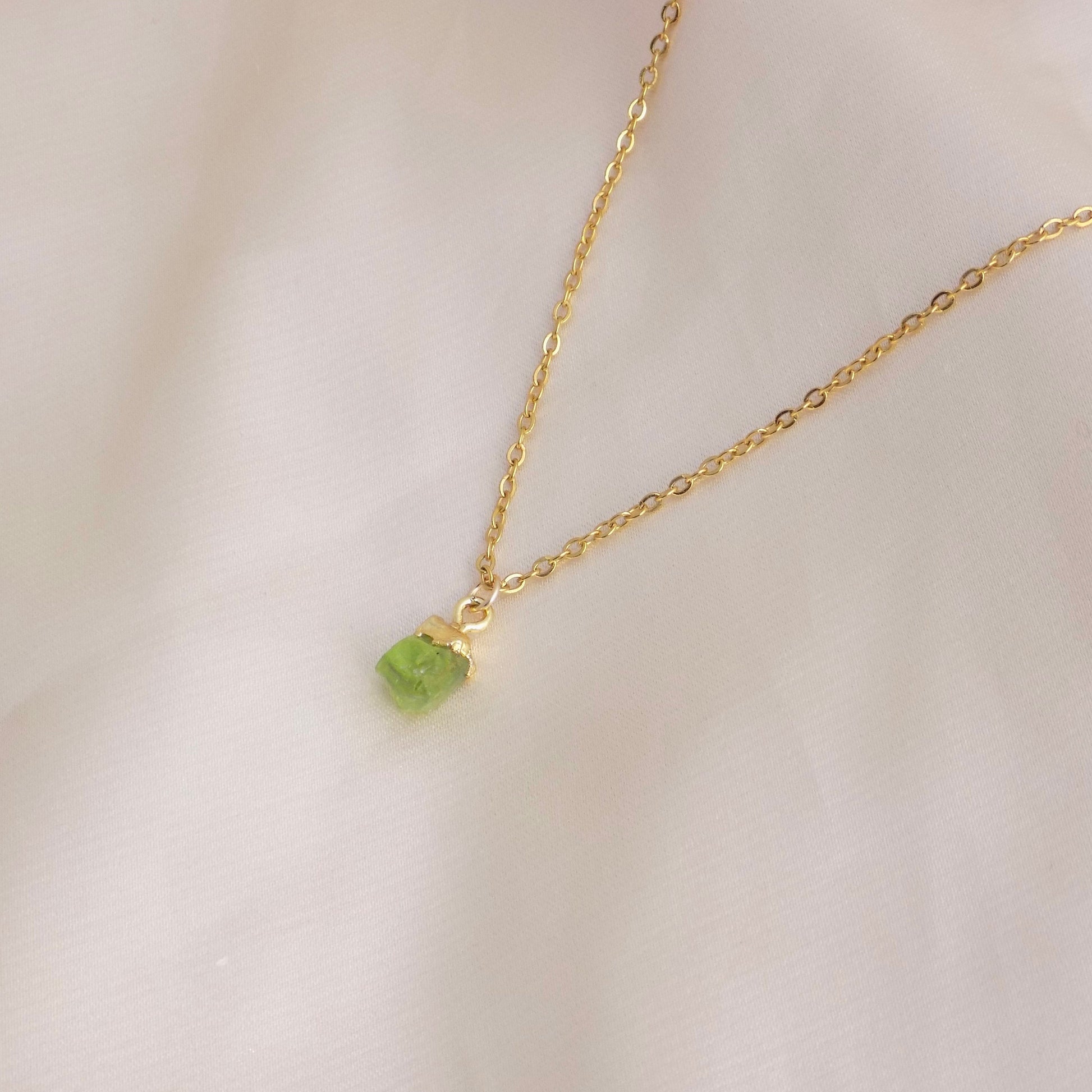Small Raw Peridot Necklace 18K Gold Stainless Steel Chain
