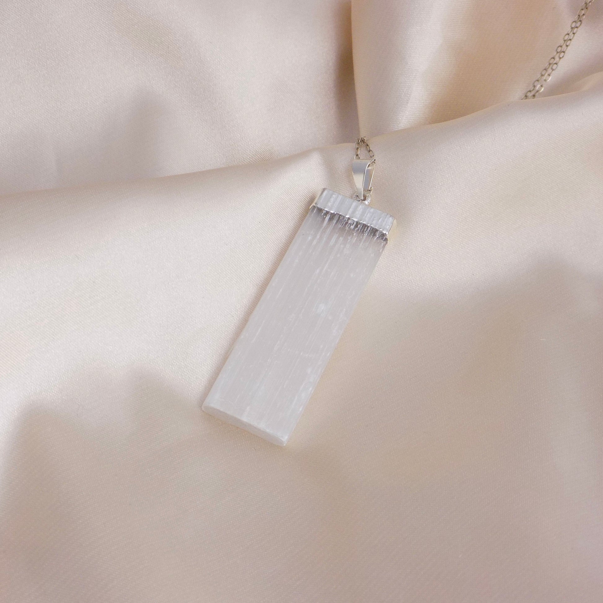 Large White Selenite Gemstone Necklace with 925 Sterling Silver Chain, G14-286