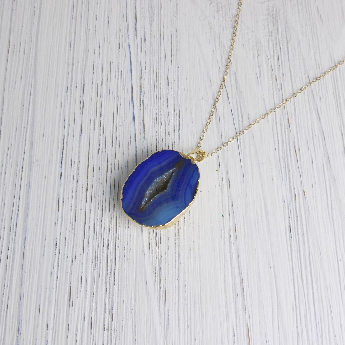 Gift Women, Geode Necklace, Blue Druzy Necklace, Slice Agate Necklace, Gemstone Necklace, Boho Necklace, Gold Layer, Stone Necklace G14-732