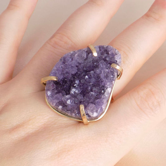 Large Amethyst Statement Ring, Raw Amethyst Druzy Ring Adjustable, Purple Crystal Ring, Birthday Gift Women, G14-740