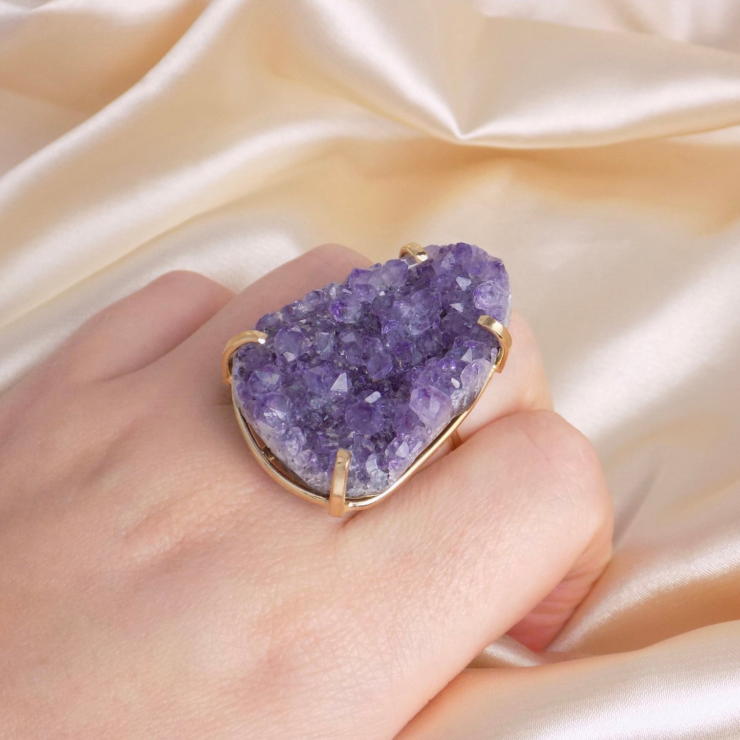 Raw Amethyst Ring Gold Adjustable, Large Purple Crystal Ring, Boho Statement Jewelry, February Birthstone Ring, G14-767