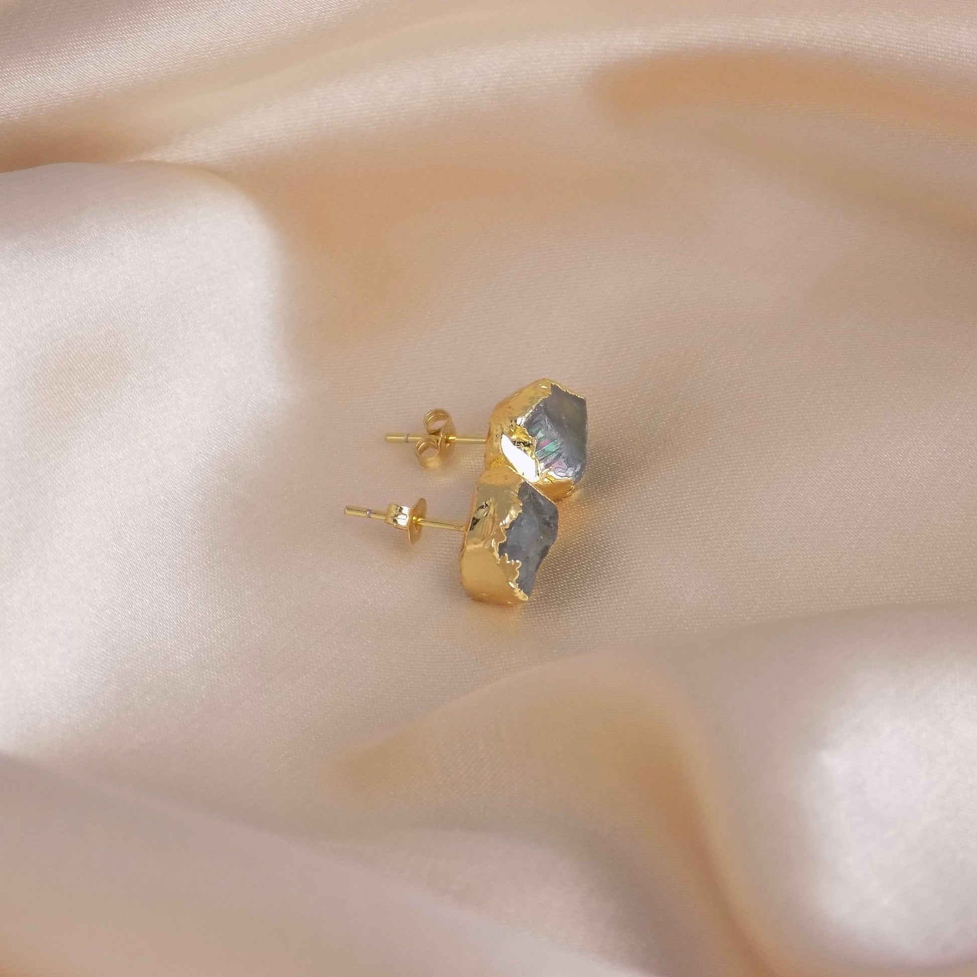 Raw Aquamarine Stud Earrings, Rough Crystal Earrings Gold, Boho March Birthstone Gift Women, M6-735