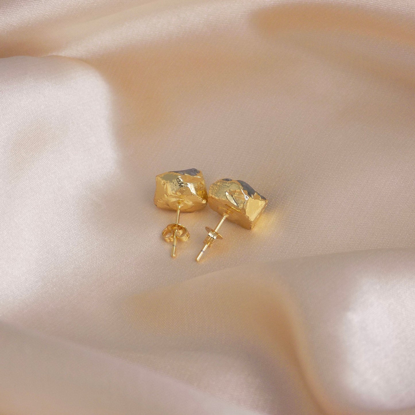 Raw Aquamarine Stud Earrings, Rough Crystal Earrings Gold, Boho March Birthstone Gift Women, M6-735