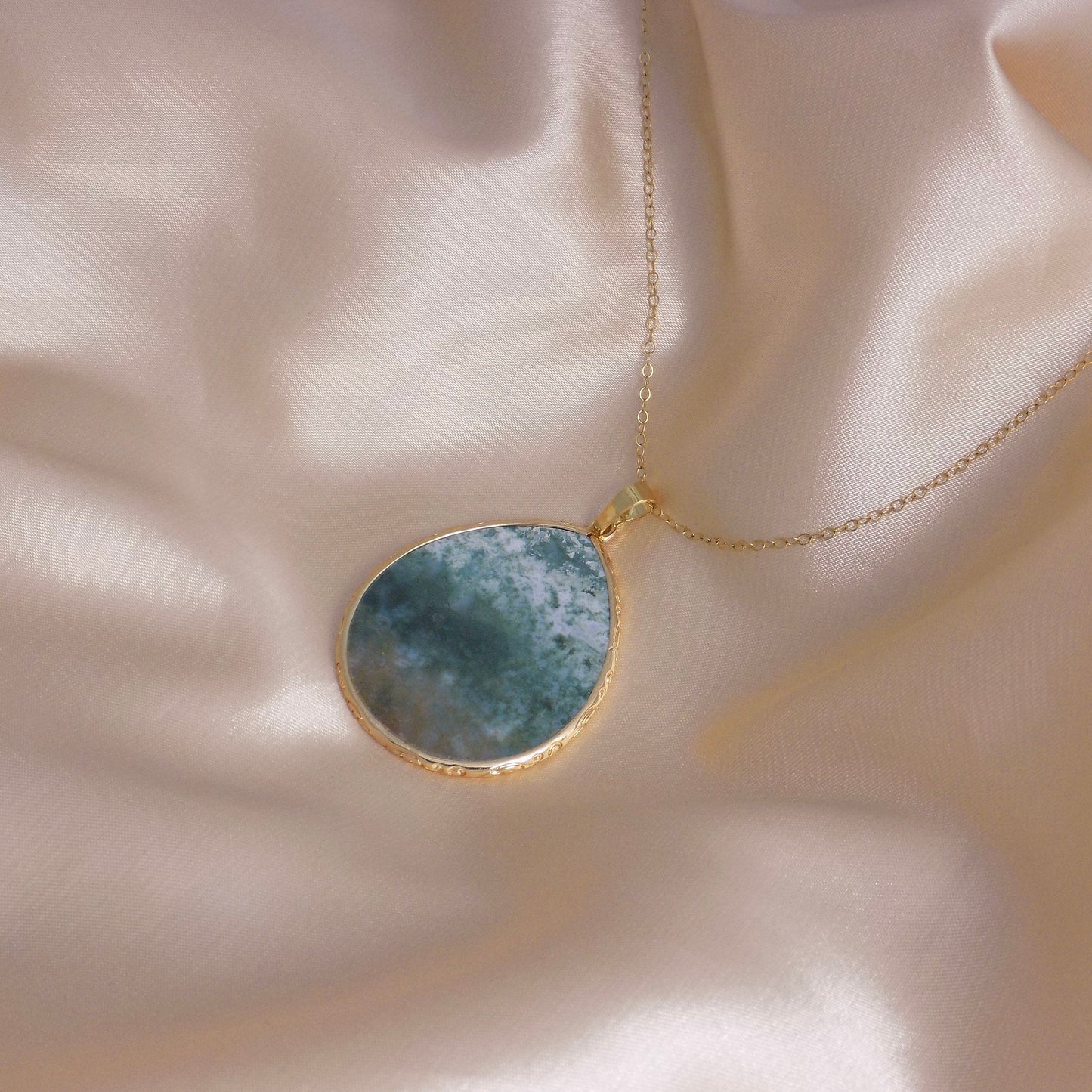 Green Moss Agate Necklace Gold, Large Green Crystal Pendant, Unique Gifts For Women, M6-761