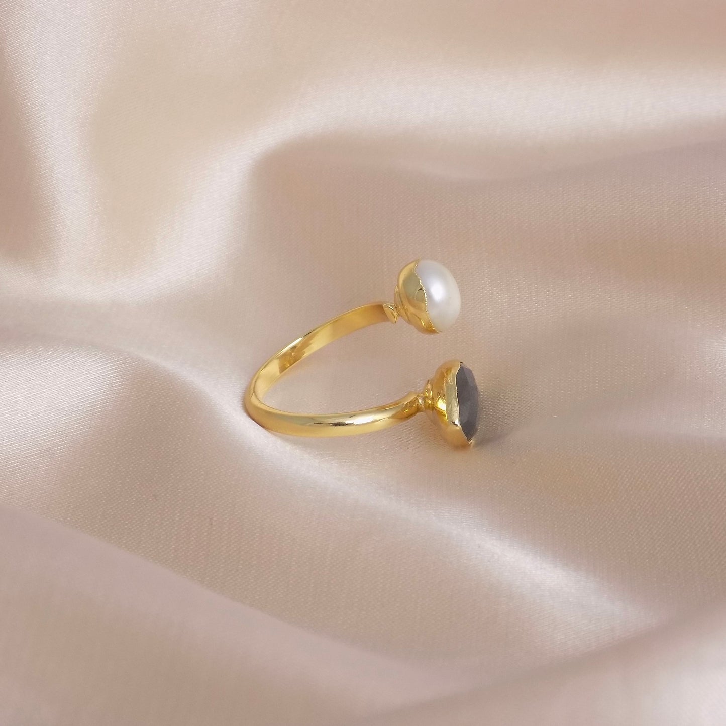 Gemstone Ring, Labradorite Ring, Freshwater Pearl Ring Crystal, Raw Stones Gold Plated Statement, Mom Gift Women, M6-746