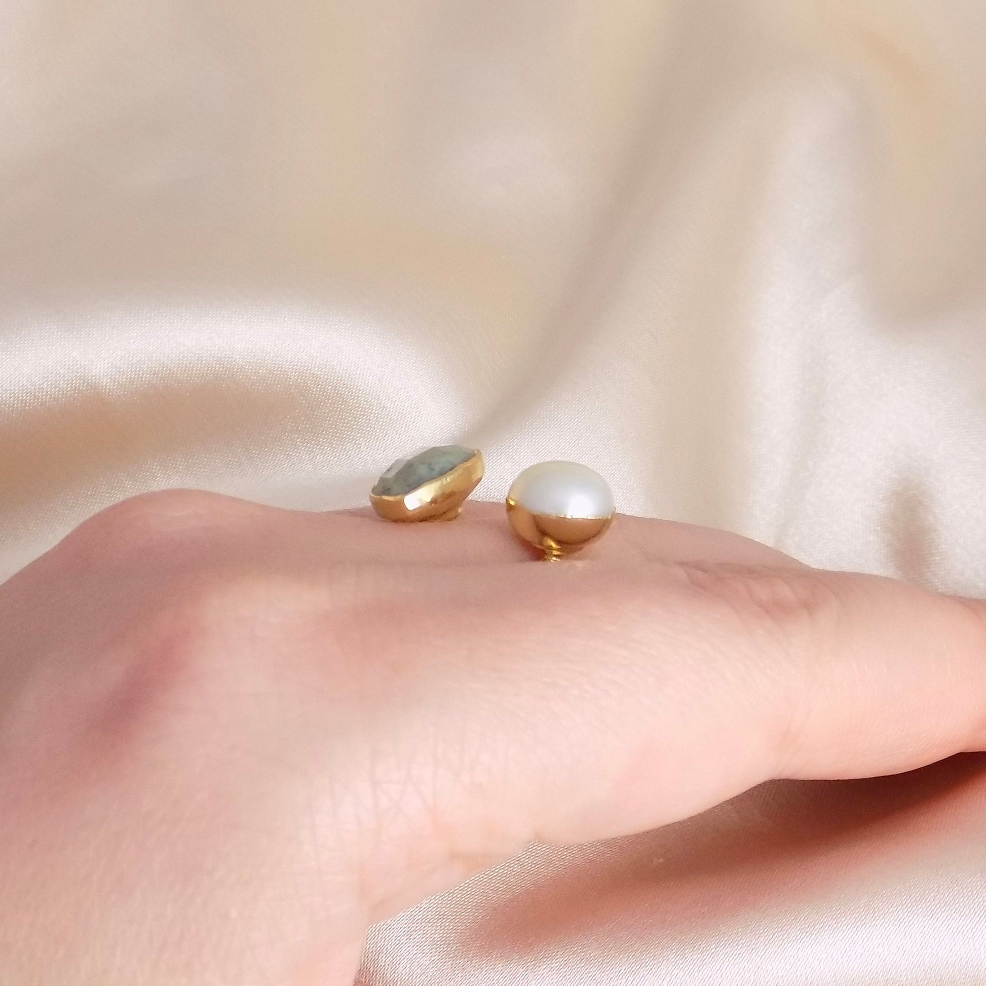 Green Jasper Ring Adjustable, Freshwater Pearl Ring Gold Plated, Raw Crystals Dual Gemstone Gold, Unique Gifts For Her, M6-754