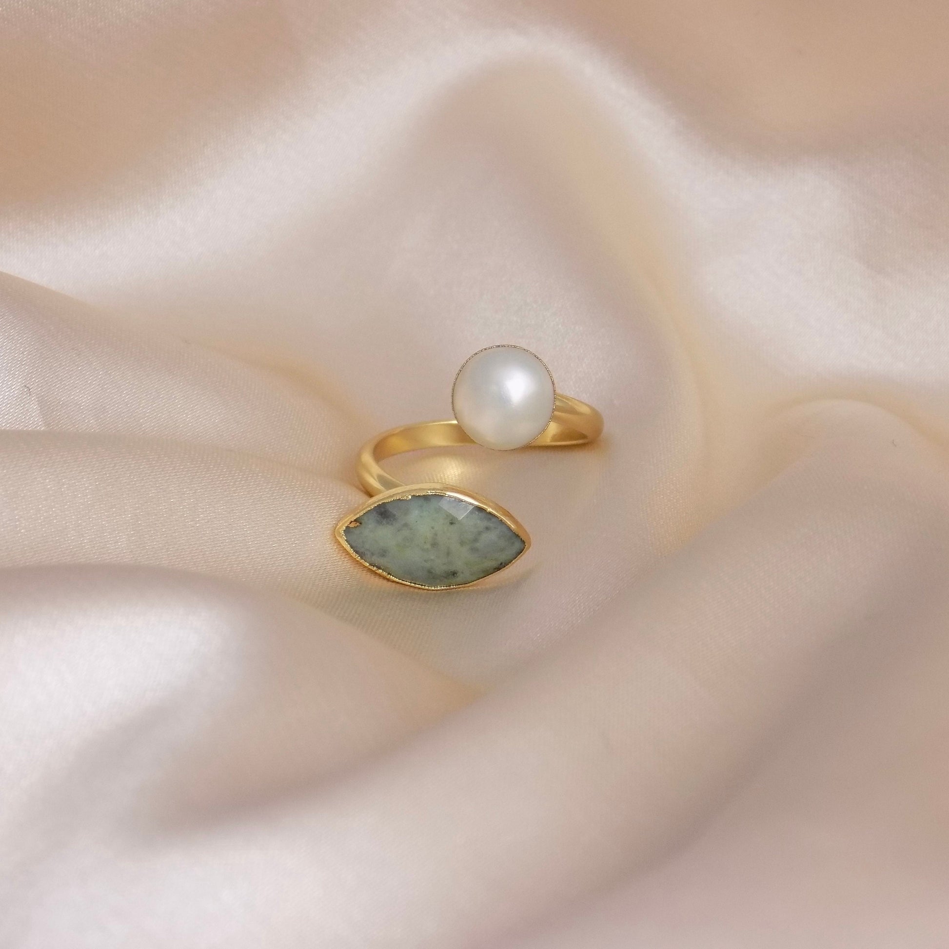 Green Jasper Ring Adjustable, Freshwater Pearl Ring Gold Plated, Raw Crystals Dual Gemstone Gold, Unique Gifts For Her, M6-754