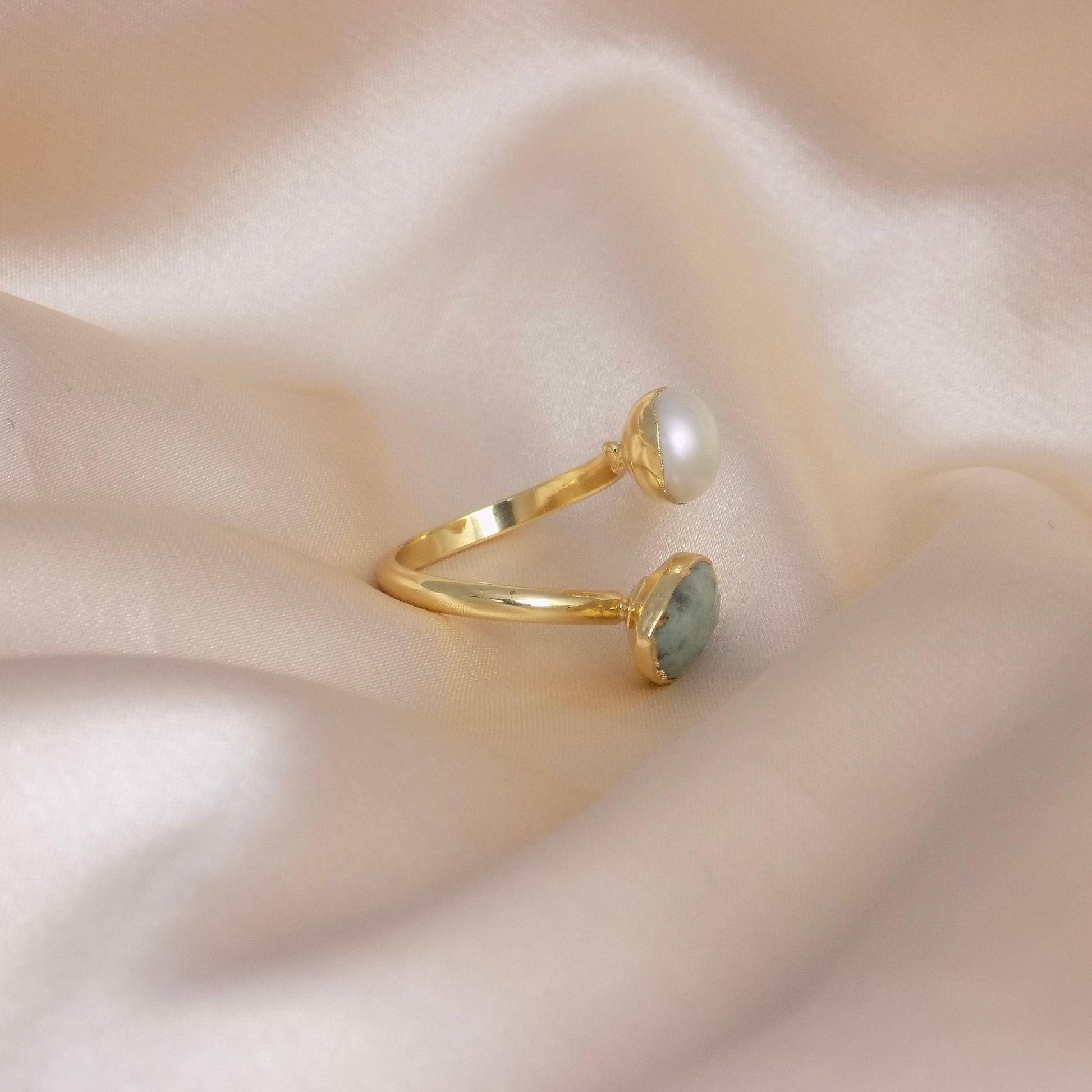 Green Jasper Ring Adjustable, Freshwater Pearl Ring Gold Plated, Raw Crystals Dual Gemstone Gold, Unique Gifts For Her, M6-754