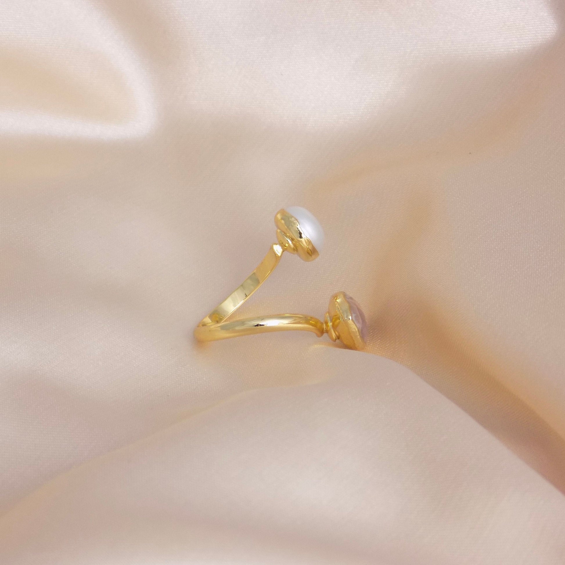 Pink Jasper Freshwater Pearl Dual Gemstone Adjustable Ring Gold Plated, M6-759