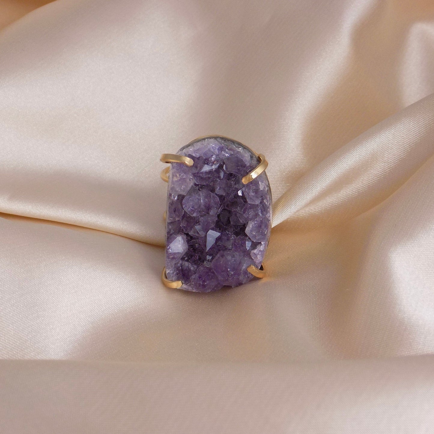 Large Raw Amethyst Druzy Ring Gold Adjustable, Boho Statement Crystal Jewelry, G14-809