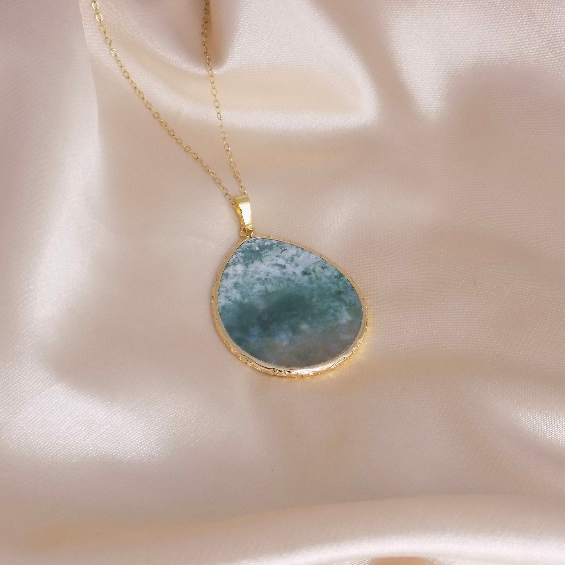 Green Moss Agate Necklace Gold, Large Green Crystal Pendant, Unique Gifts For Women, M6-761