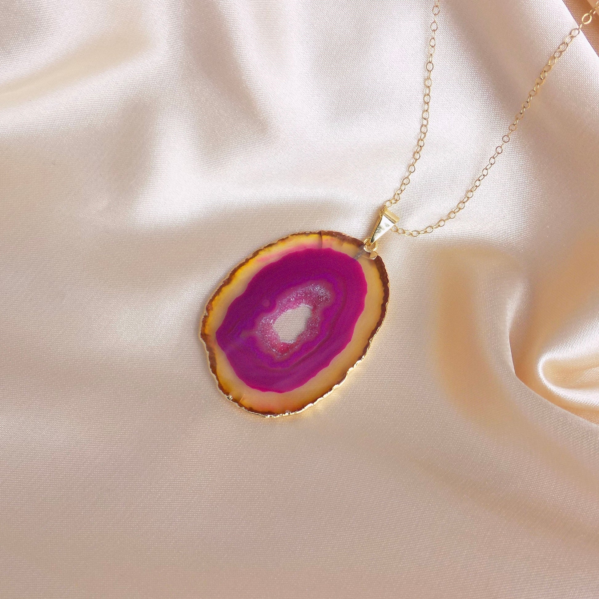 Custom Gift For Best Friend, Pink Druzy Necklace Gold Fill Chain, Personalized Geode Necklace Agate Pendant, Long Boho Slice, G14-831