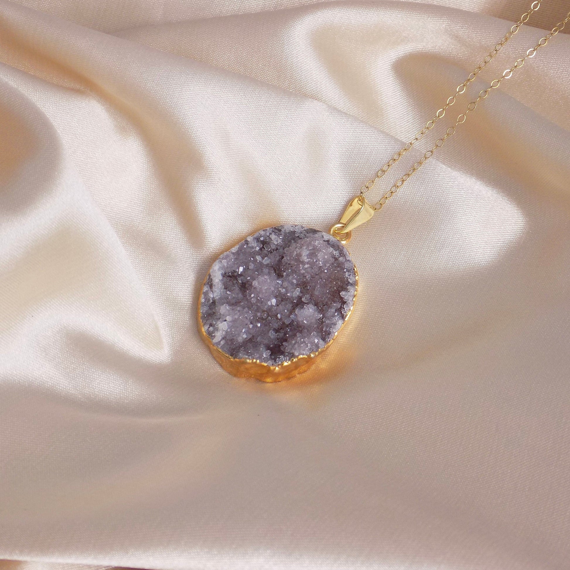 Natural Drusy Gemstone Necklace Gold Dipped Sparkly Druzy Crystal, Gifts For Mom, G14-832