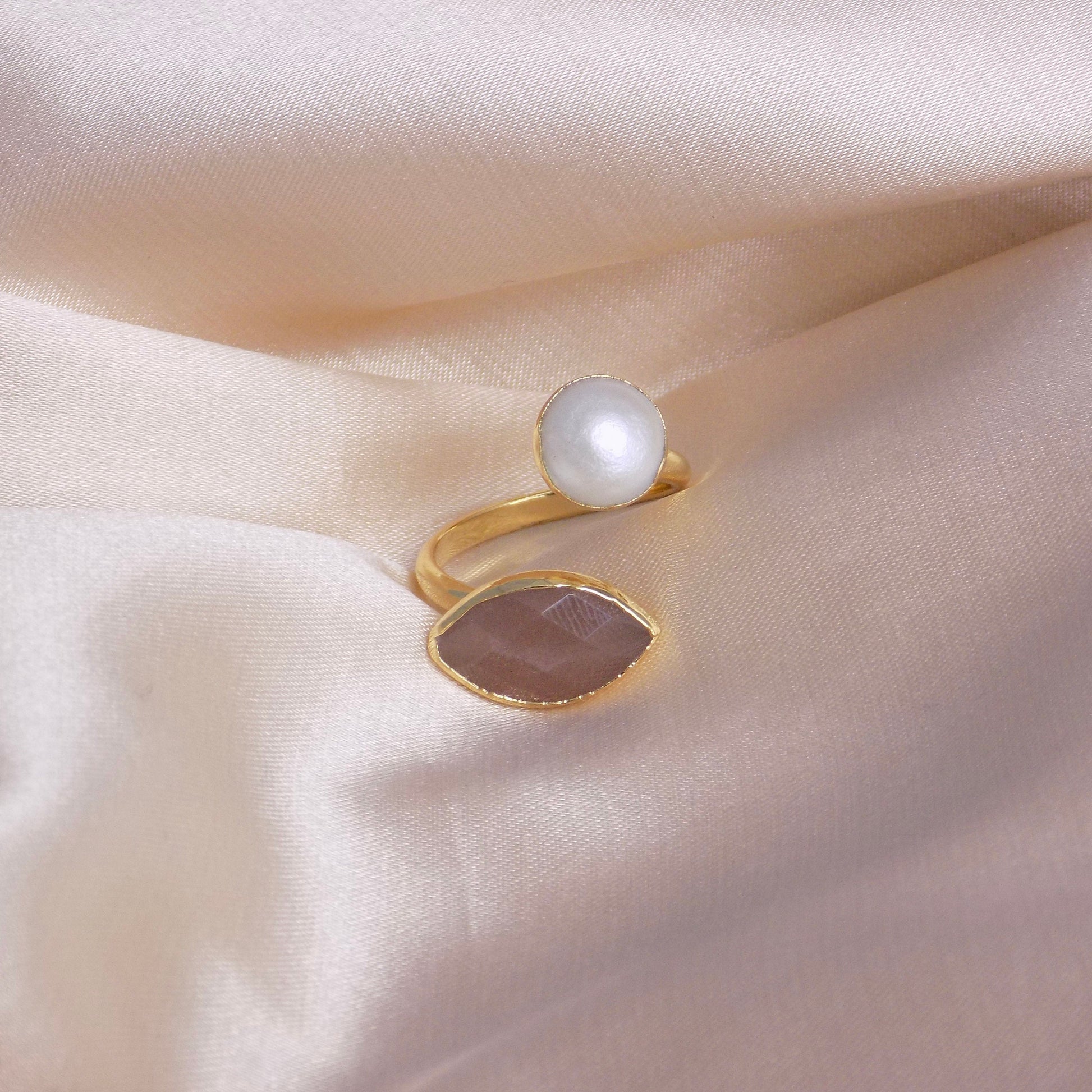 Sunstone And Pearl Multi Stone Ring Gold Plated Adjustable, Mothers Day Gift, M6-781