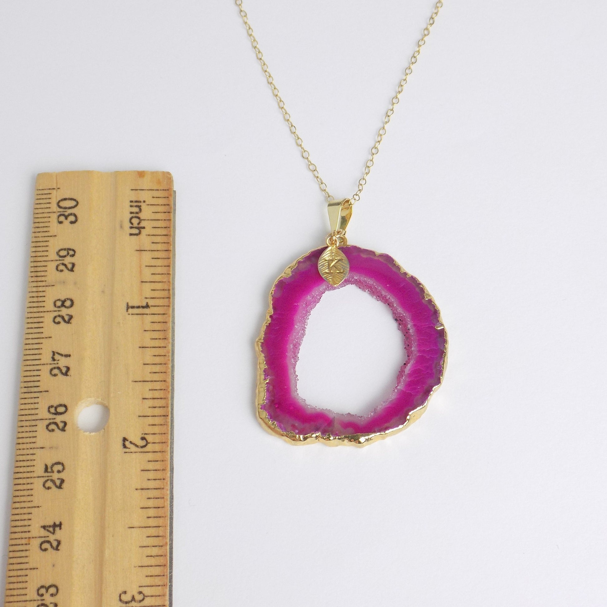 Hot Pink Geode Slice Necklace Gold with Initial Charm, Gifts For Mom, G14-836