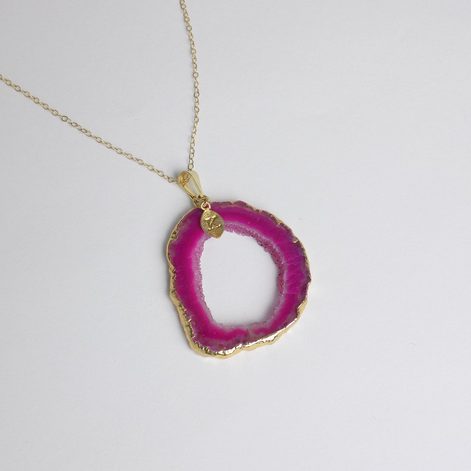 Hot Pink Geode Slice Necklace Gold with Initial Charm, Gifts For Mom, G14-318