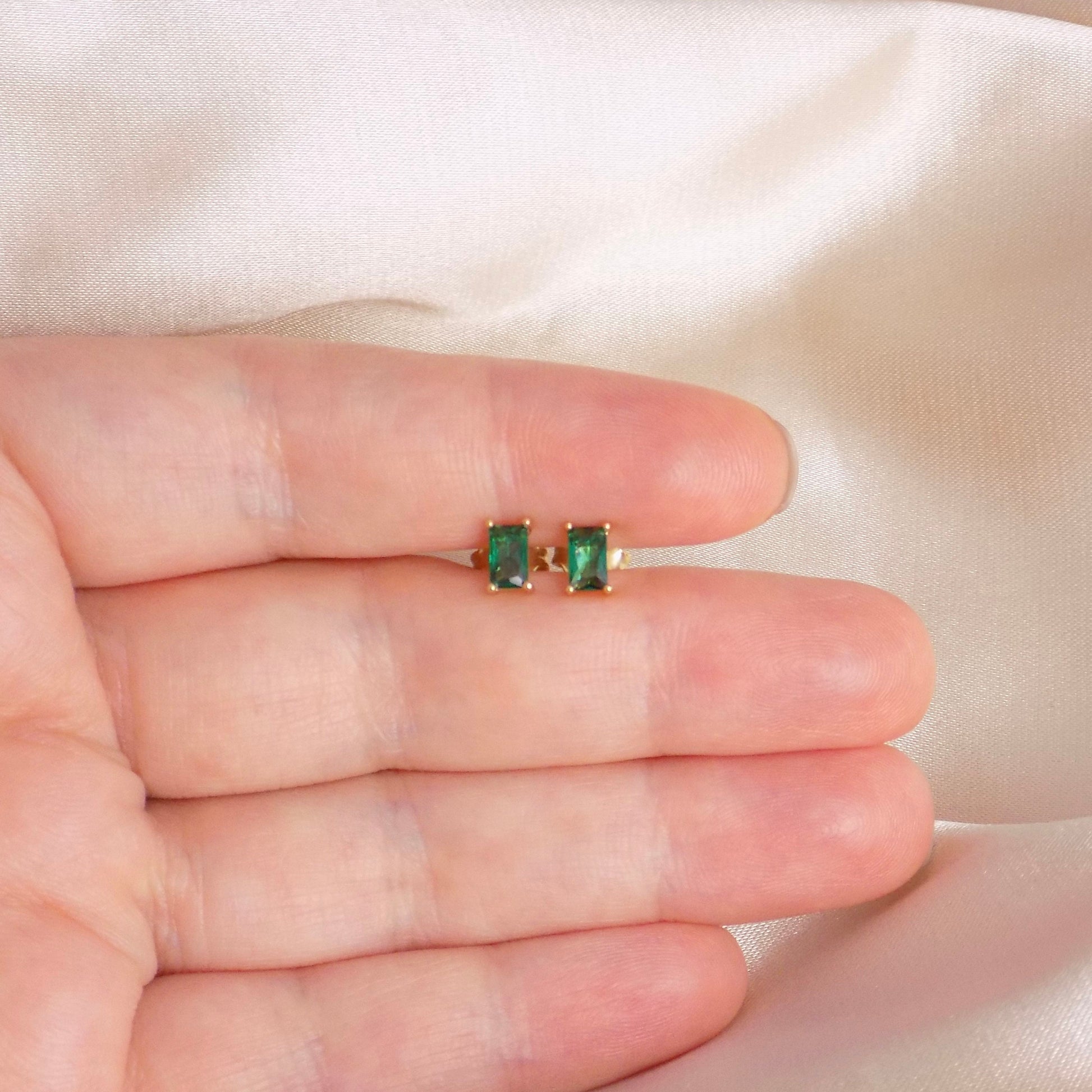 Tiny Green Emerald Stud Earrings Gold Baguette Cut, 5mm x 3mm, May Birthstone Studs, Gift Women, M6-790