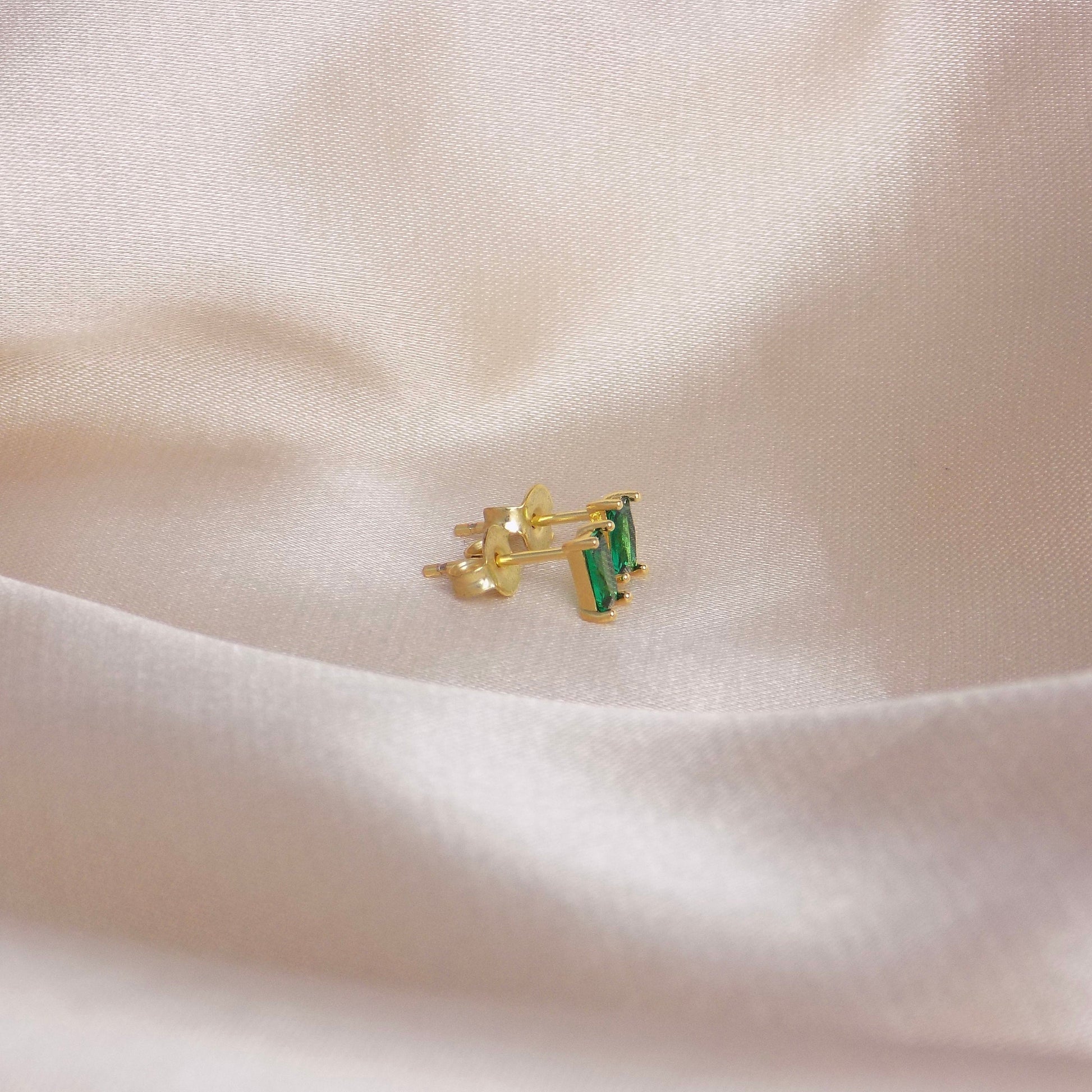 Tiny Green Emerald Stud Earrings Gold Baguette Cut, 5mm x 3mm, May Birthstone Studs, Gift Women, M6-790