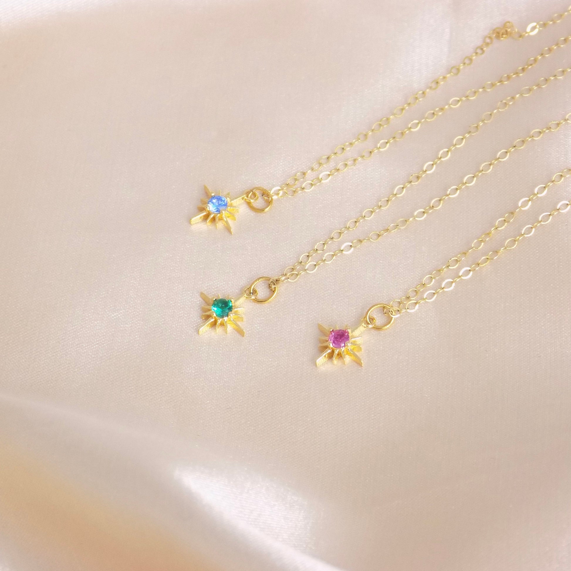 Tiny Birthstone Necklace, Colorful Starburst Charm, Customized Birthday Gift For Her, M6-791