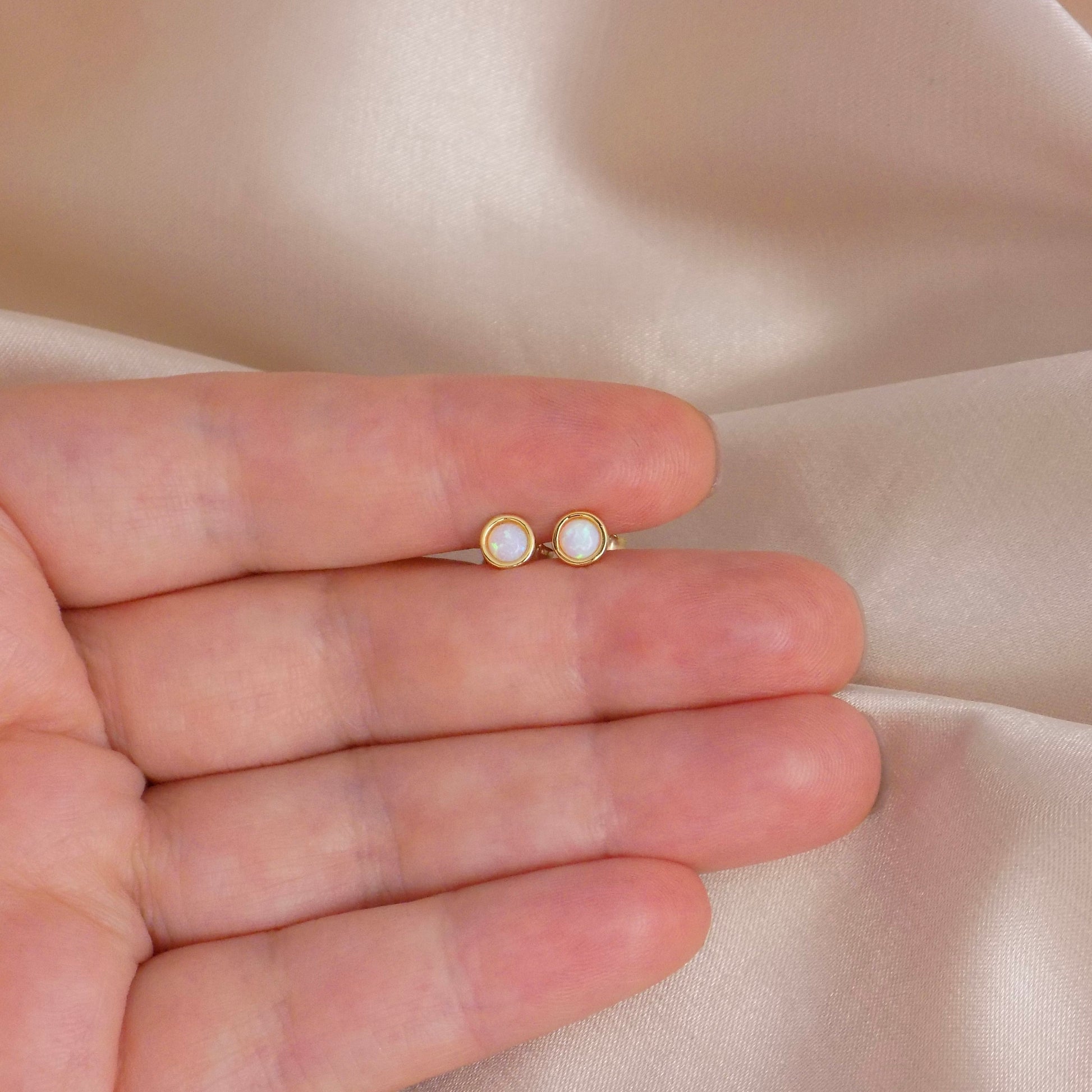 Tiny Opal Stud Earrings Gold, 4mm, October Birthstone Studs, Gift Women, M6-786