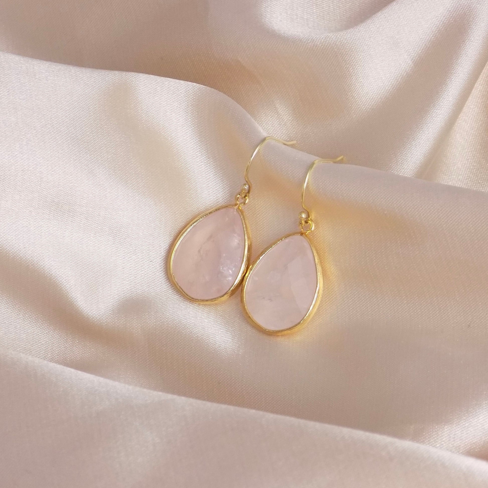 Mothers Day Gift, Rose Quartz Drop Earrings Gold, Large Teardrop Gemstone Earring, Heart Chakra Crystals, M6-789